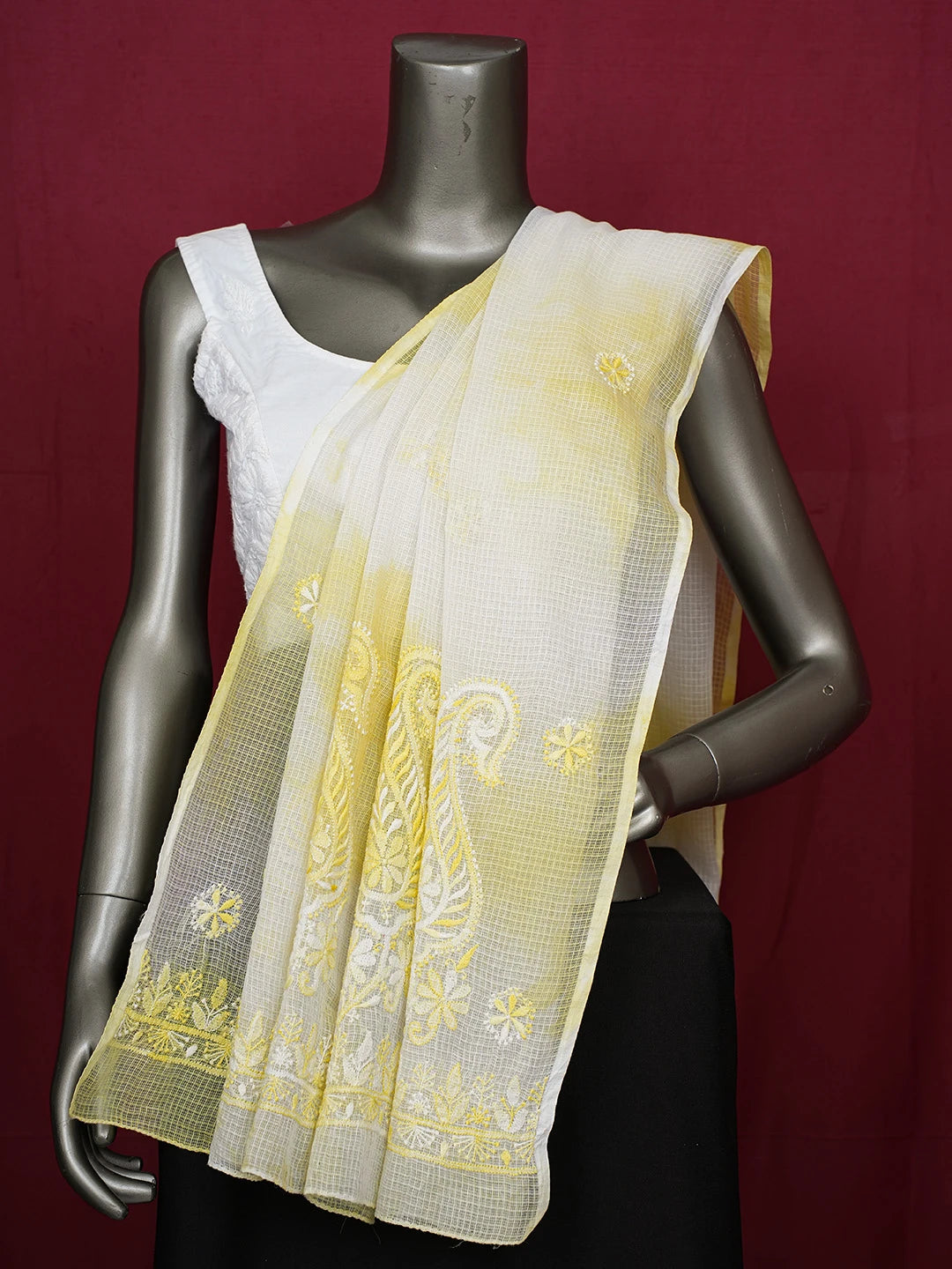 Ada Hand Embroidered White/Yellow Tie & Dye Kota Lucknowi Chikankari Dupatta A612151
