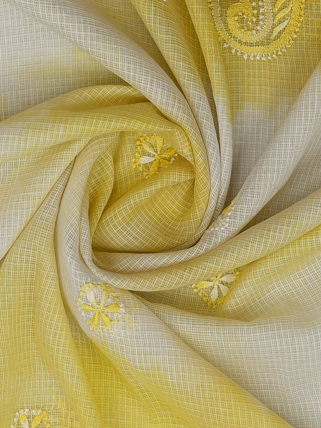 Ada Hand Embroidered White/Yellow Tie & Dye Kota Lucknowi Chikankari Dupatta A612151