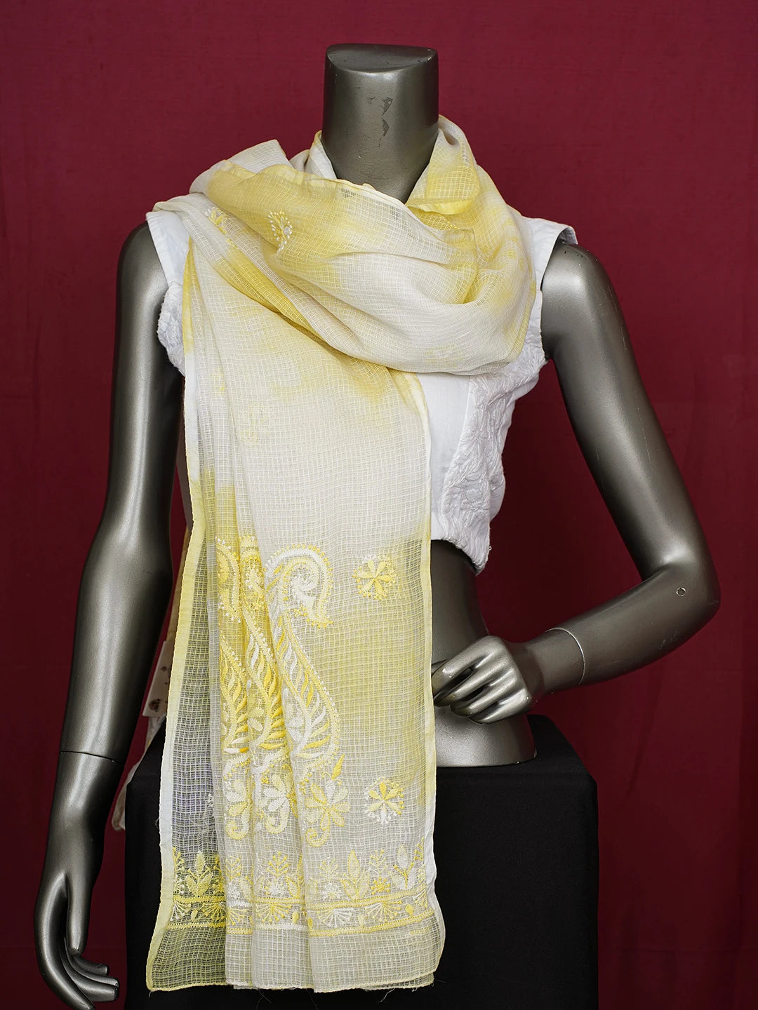 Ada Hand Embroidered White/Yellow Tie & Dye Kota Lucknowi Chikankari Dupatta A612151