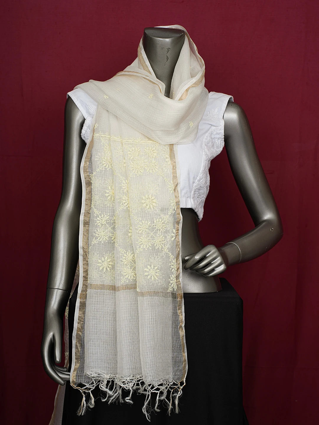 Ada Hand Embroidered Off White Kota Silk Lucknowi Chikankari Dupatta 01A694042