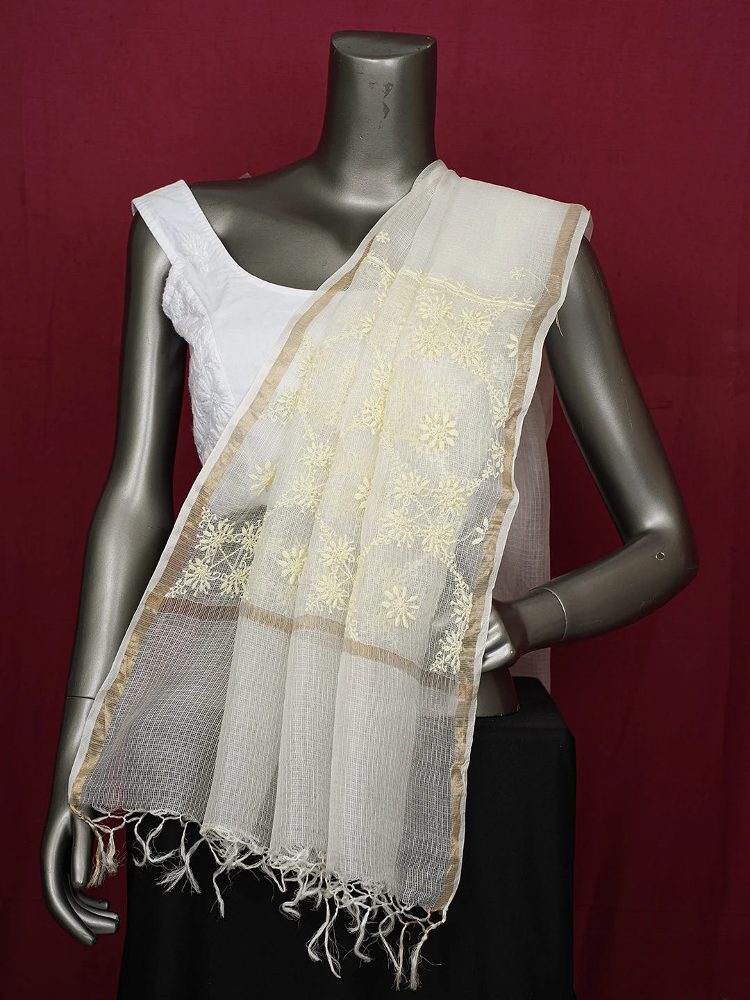 Ada Hand Embroidered Off White Kota Silk Lucknowi Chikankari Dupatta 01A694042