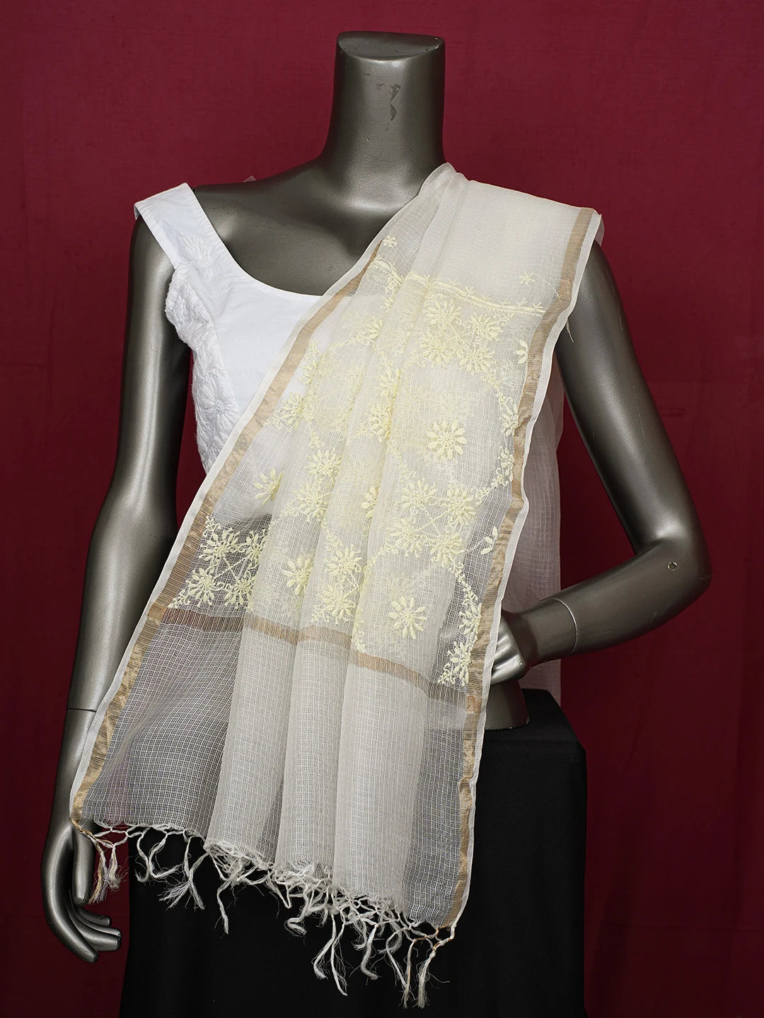 Ada Hand Embroidered Off White Kota Silk Lucknowi Chikankari Dupatta 01A694042