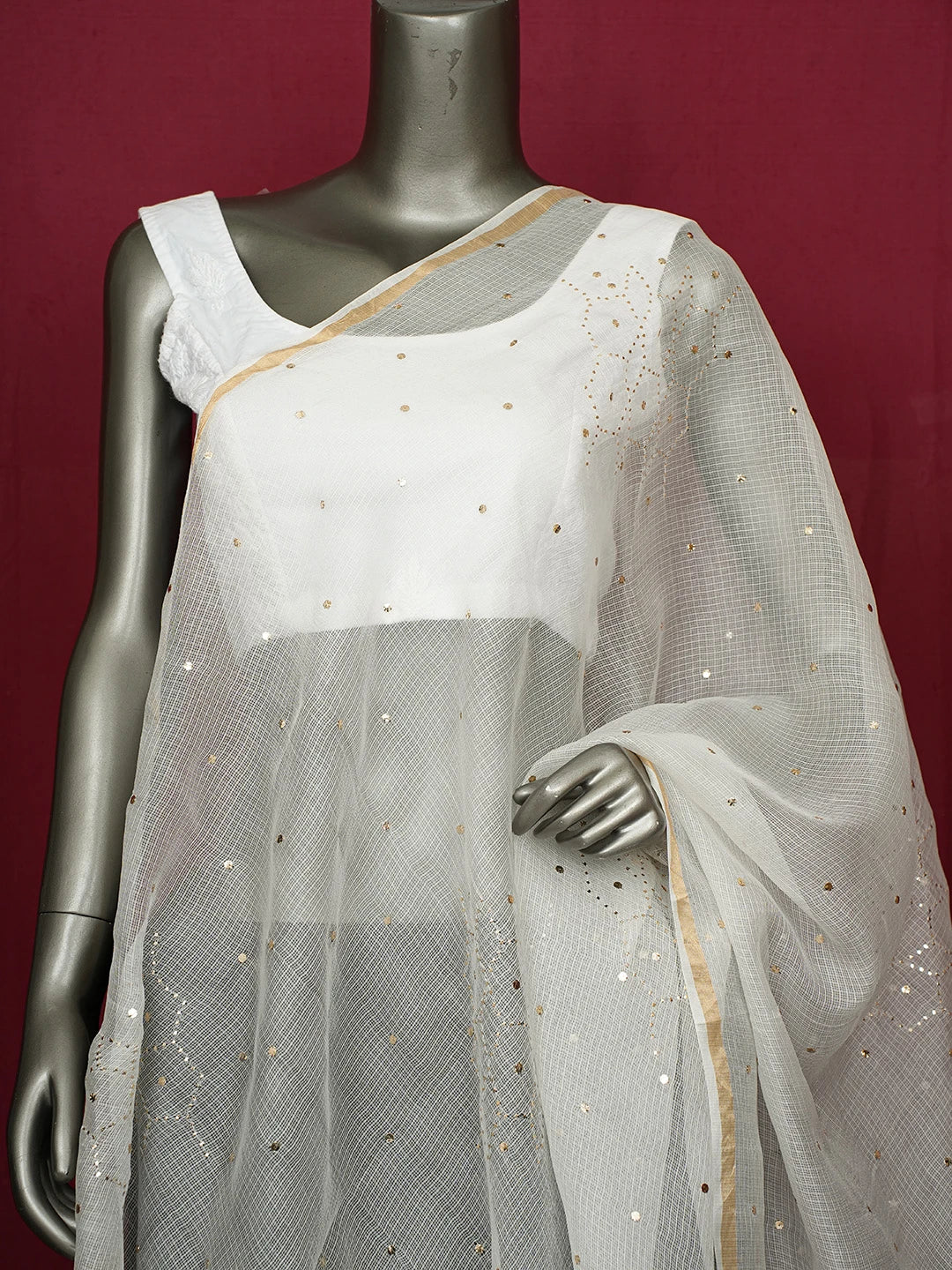Ada Ivory White Kota Silk Dupatta With Muqaish Work 01A706641