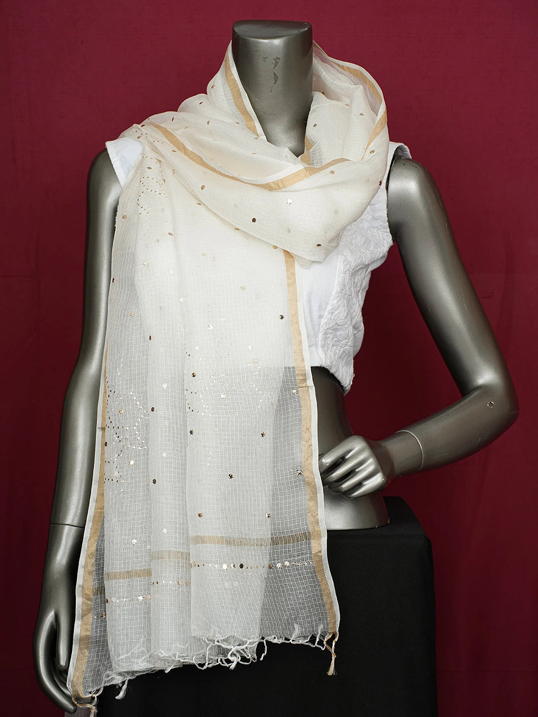 Ada Ivory White Kota Silk Dupatta With Muqaish Work 01A706641