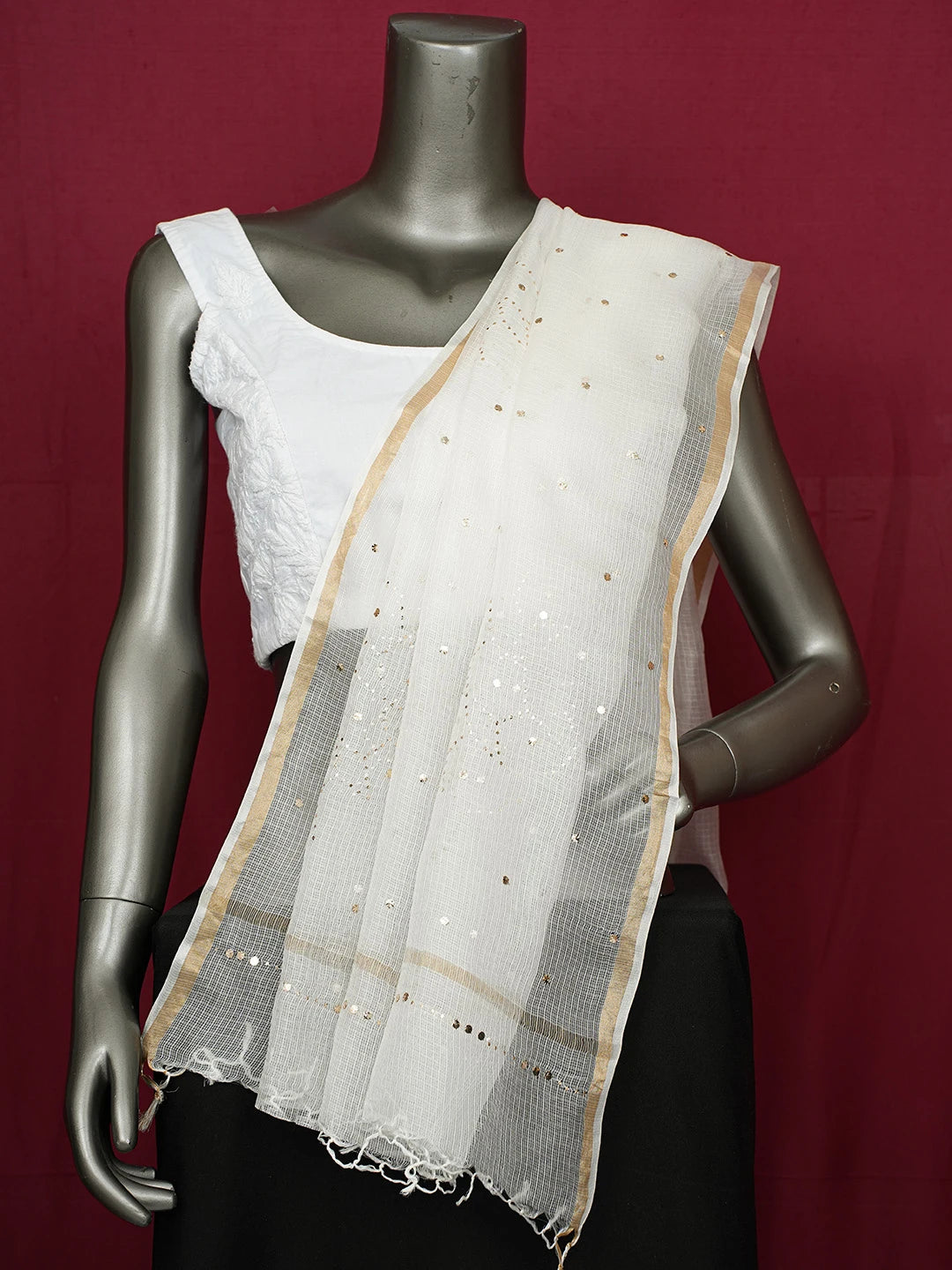 Ada Ivory White Kota Silk Dupatta With Muqaish Work 01A706641