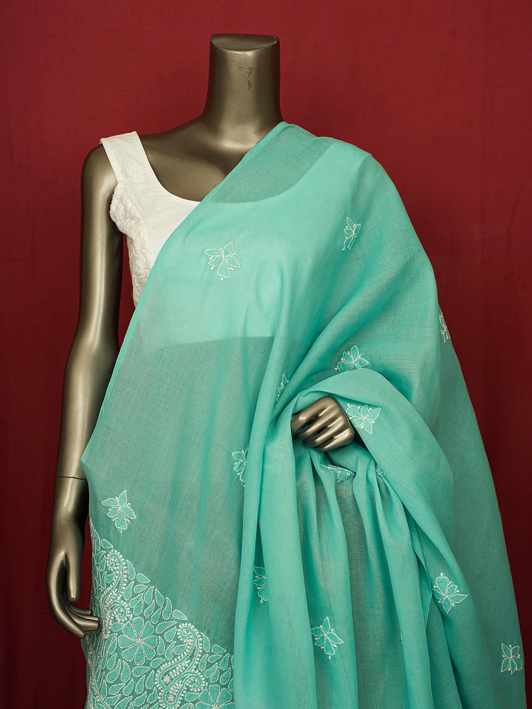 Ada Hand Embroidered Light Sea Green Cotton Lucknowi Chikankari Dupatta A178581