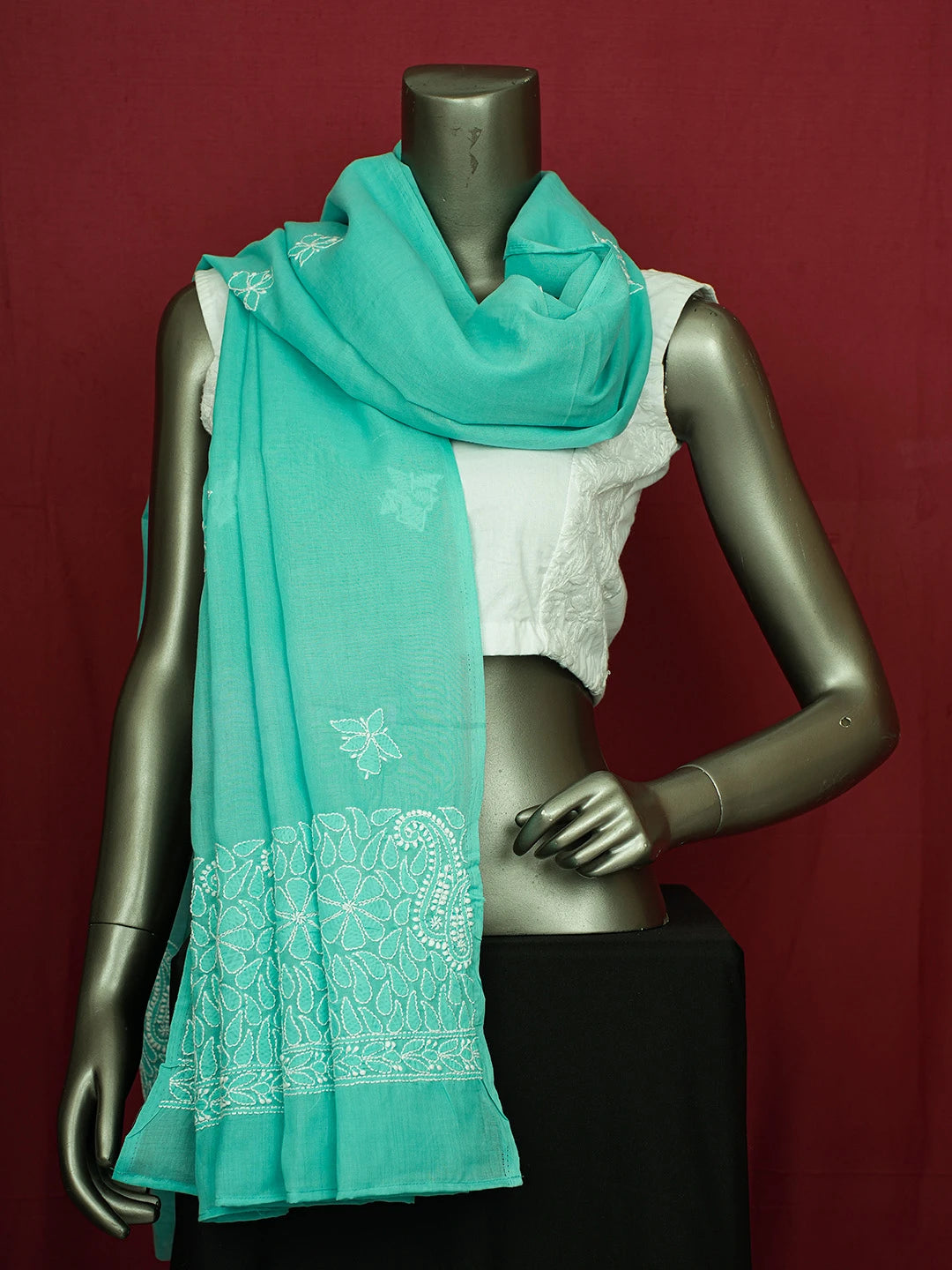 Ada Hand Embroidered Light Sea Green Cotton Lucknowi Chikankari Dupatta A178581
