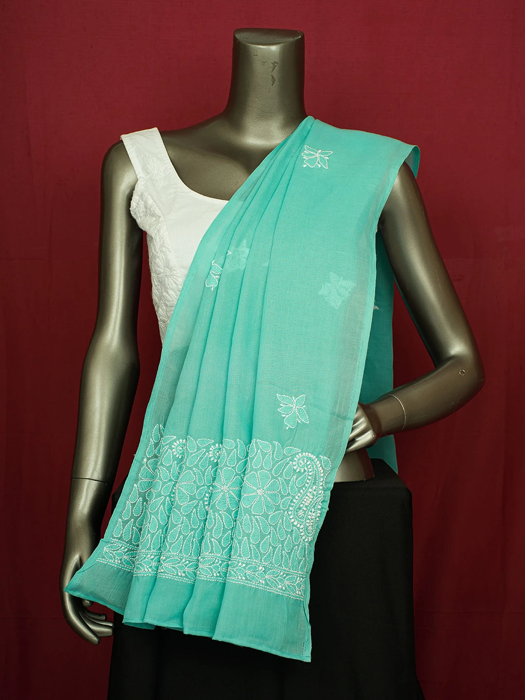 Ada Hand Embroidered Light Sea Green Cotton Lucknowi Chikankari Dupatta A178581