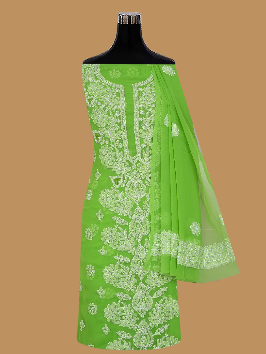 Ada Hand Embroidered Lime Green Georgette Lucknowi Chikankari Unstitched Suit Piece 01A696577