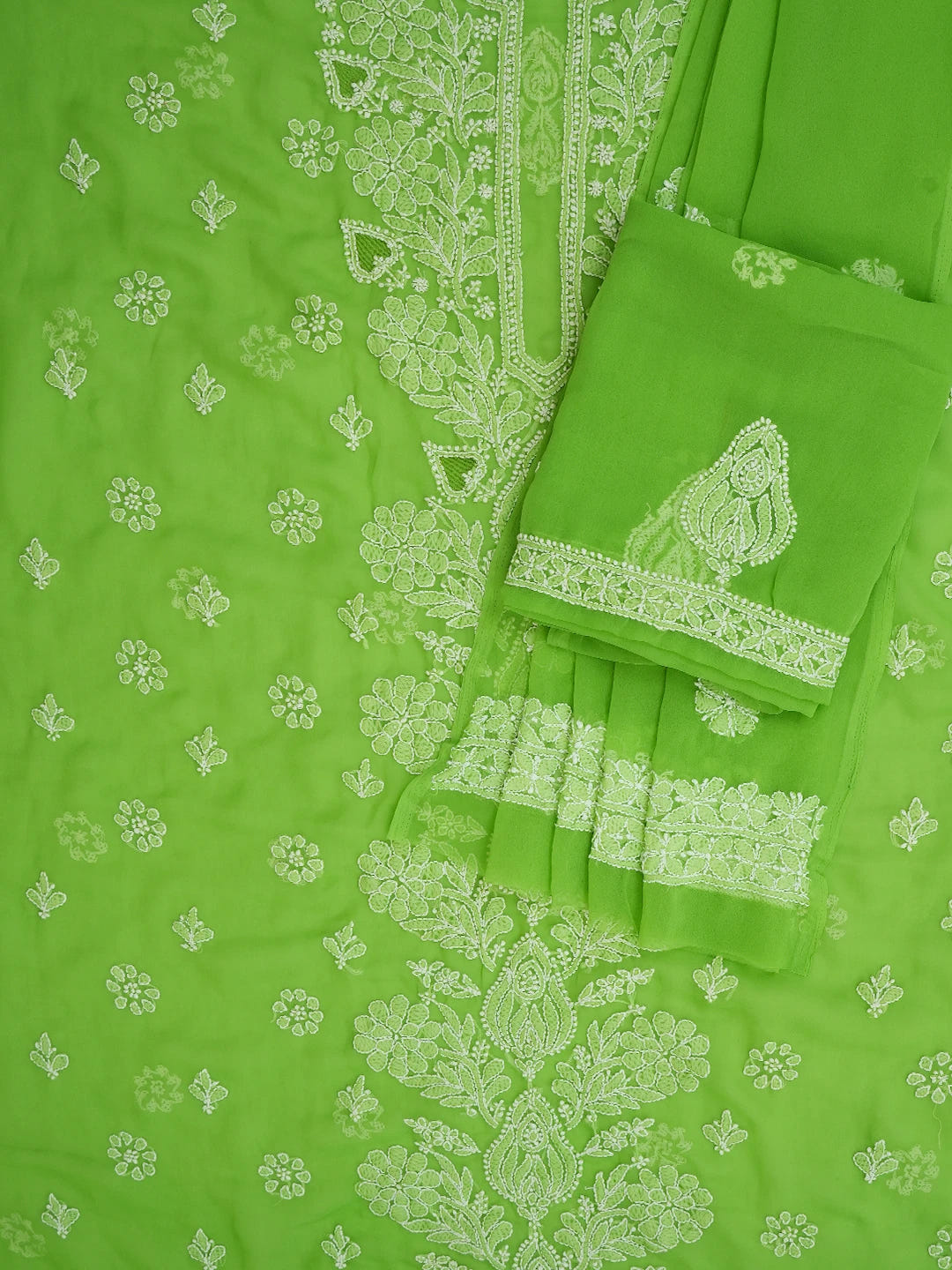 Ada Hand Embroidered Lime Green Georgette Lucknowi Chikankari Unstitched Suit Piece 01A696577