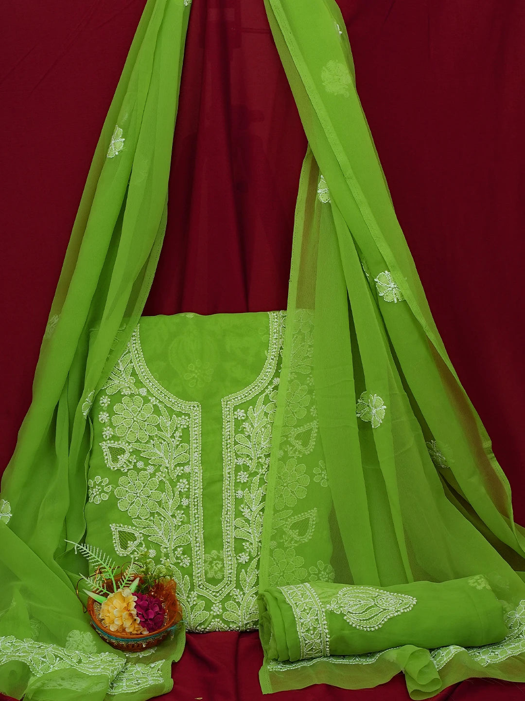 Ada Hand Embroidered Lime Green Georgette Lucknowi Chikankari Unstitched Suit Piece 01A696577