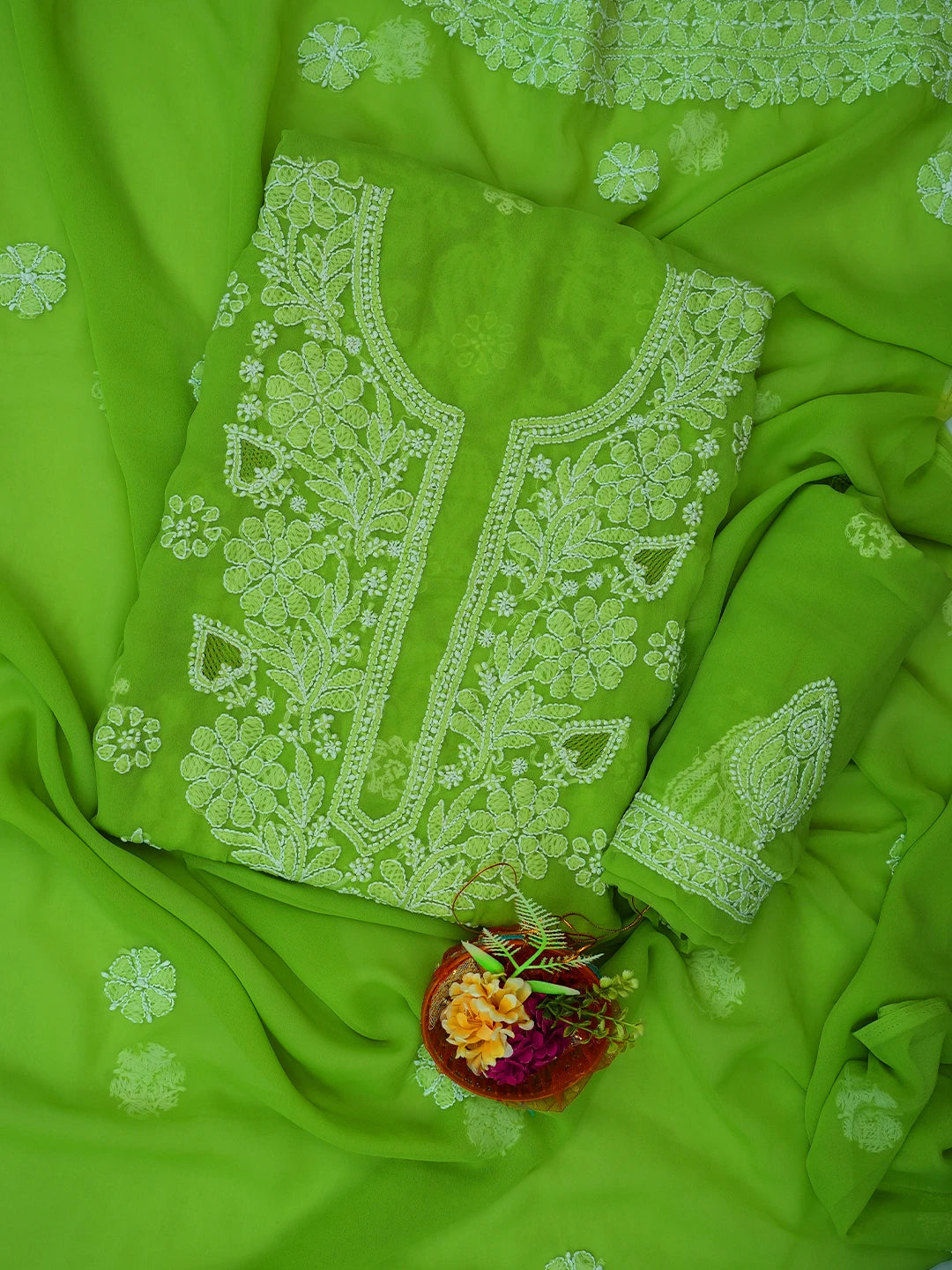 Ada Hand Embroidered Lime Green Georgette Lucknowi Chikankari Unstitched Suit Piece 01A696577
