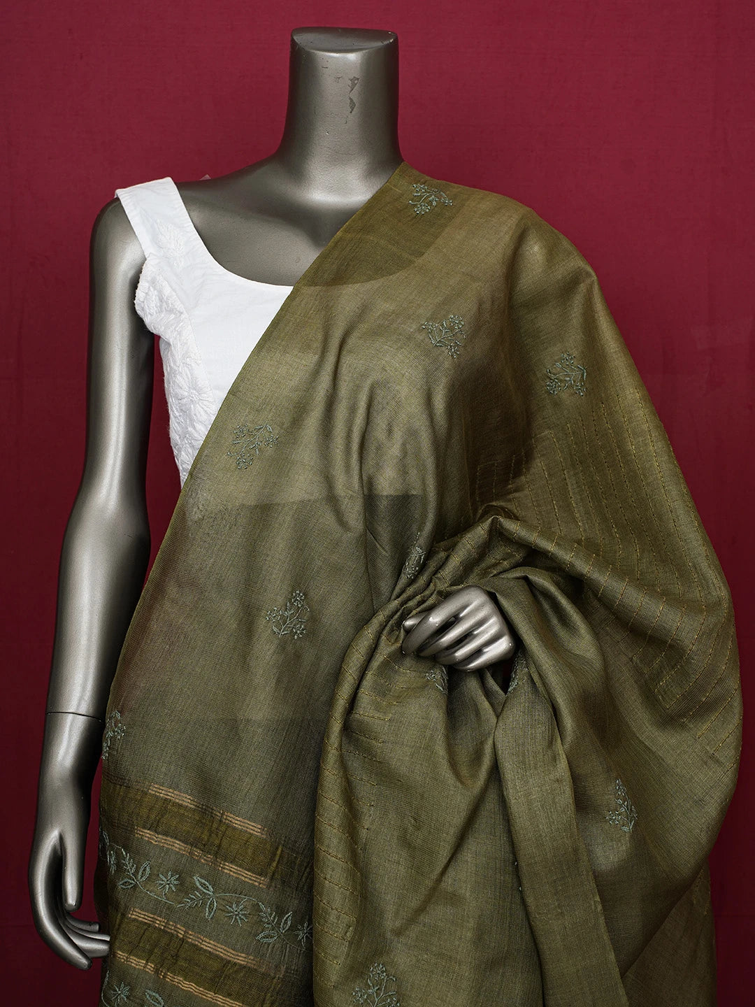 Ada Hand Embroidered Army Green Silk Lucknowi Chikankari Dupatta 01A694058