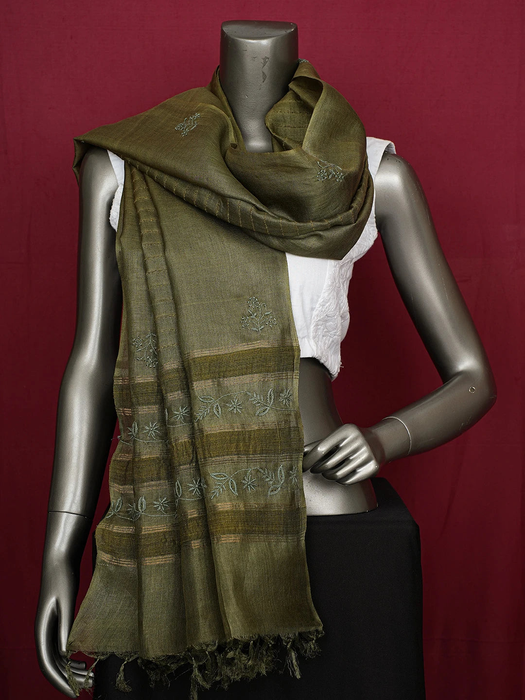 Ada Hand Embroidered Army Green Silk Lucknowi Chikankari Dupatta 01A694058