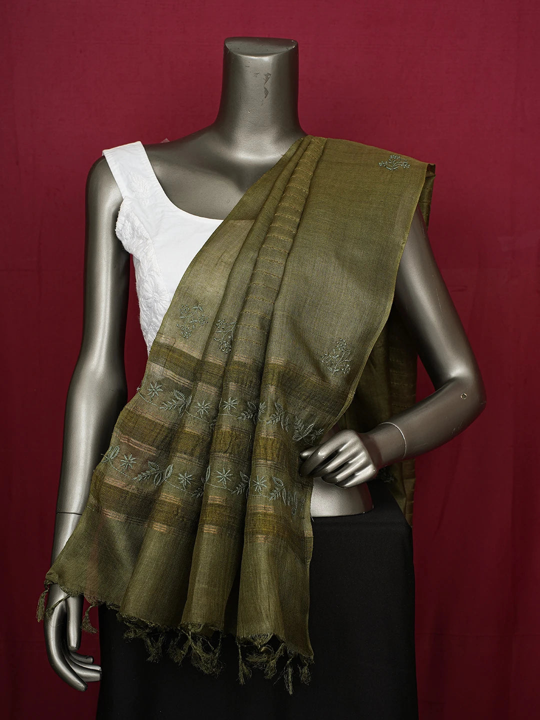Ada Hand Embroidered Army Green Silk Lucknowi Chikankari Dupatta 01A694058