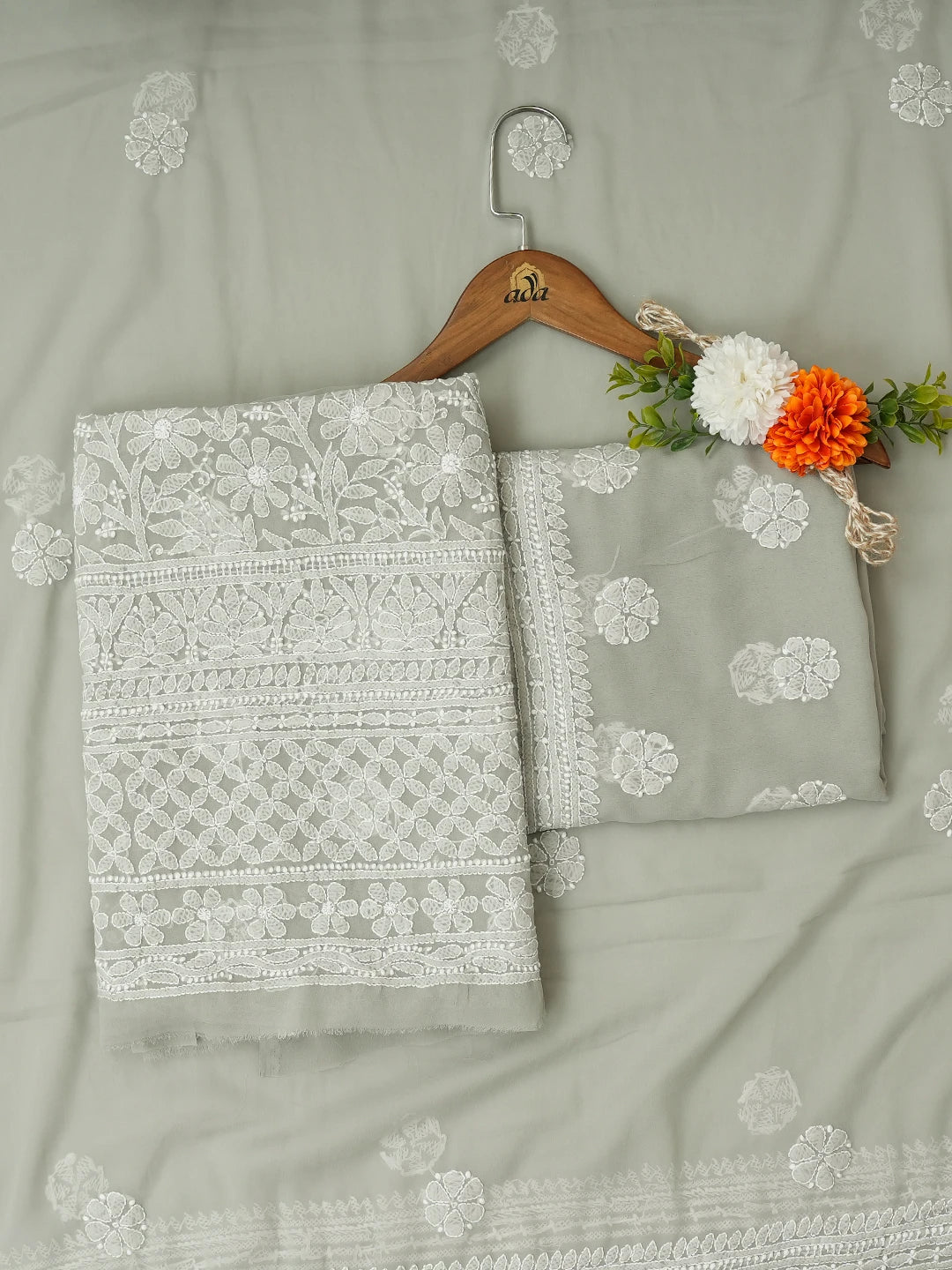Ada Hand Embroidered Grey Georgette Lucknowi Chikankari Unstitched Suit Piece 01A707970