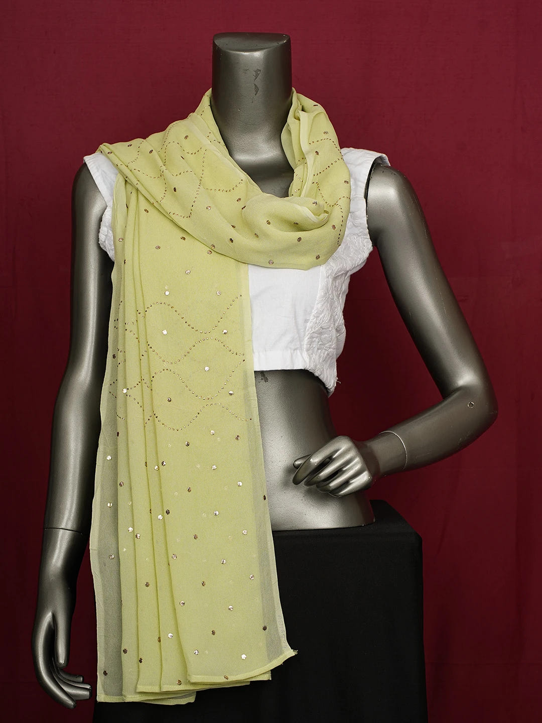 Ada Hand Embroidered Tea Green Viscose Georgette Lucknowi Chikankari Dupatta Mukaish Work 01A576744