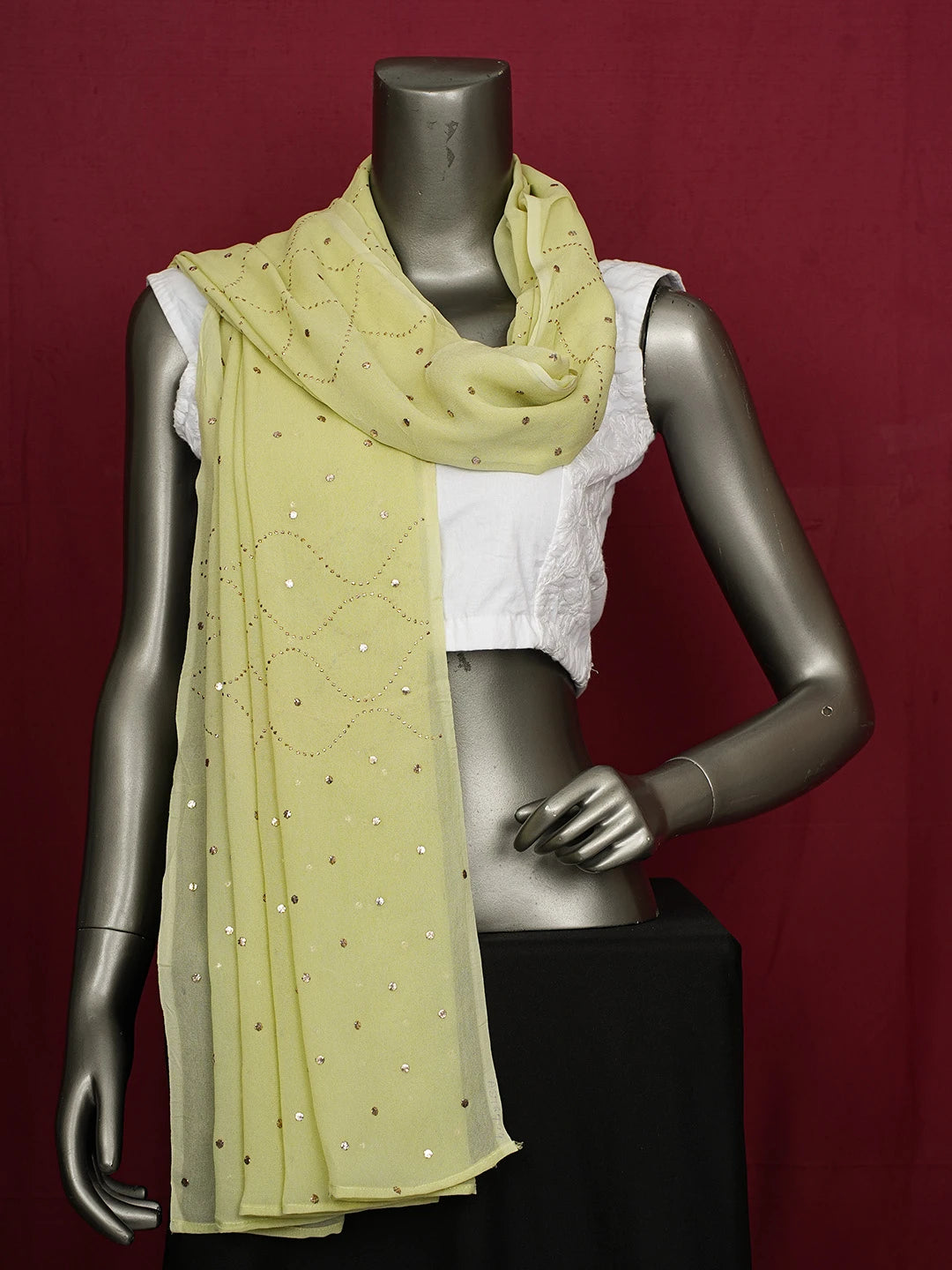Ada Hand Embroidered Tea Green Viscose Georgette Lucknowi Chikankari Dupatta Mukaish Work 01A576744