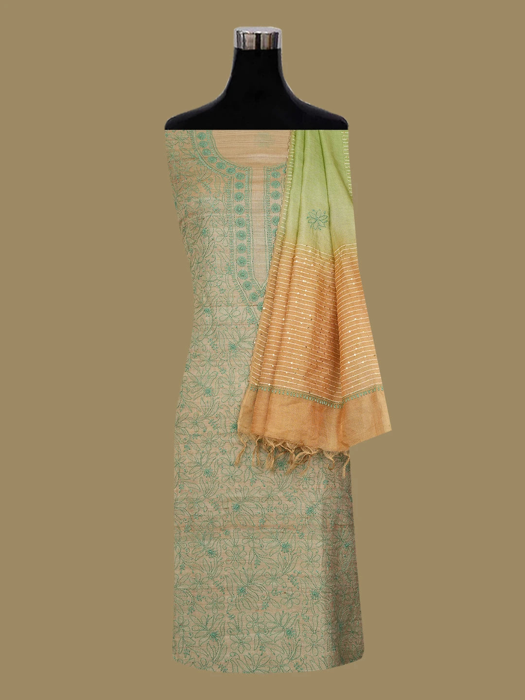Ada Hand Embroidered Fawn Silk Lucknowi Chikankari Unstitched Suit Piece With Sequins Work 01A700345