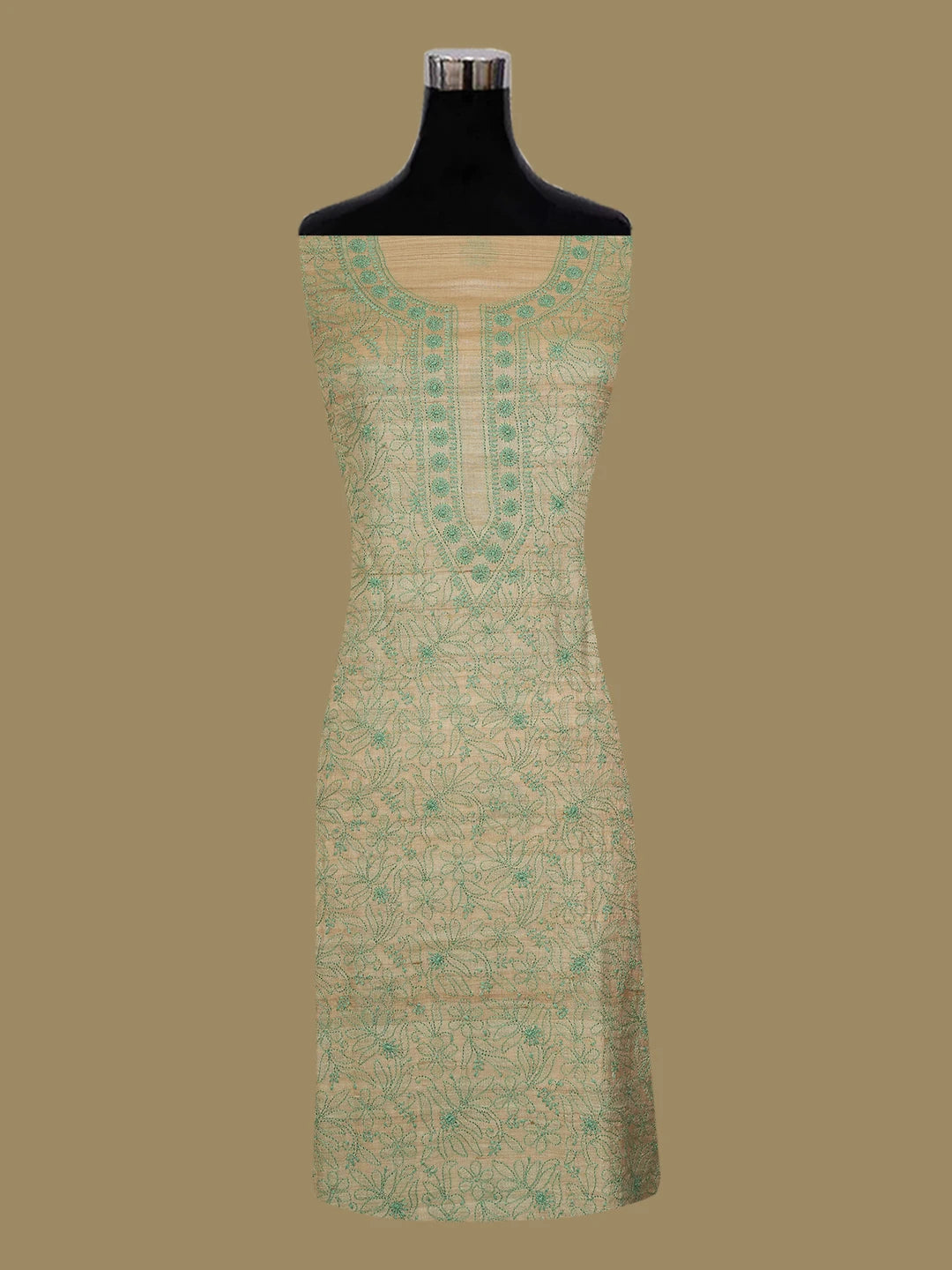 Ada Hand Embroidered Fawn Silk Lucknowi Chikankari Unstitched Suit Piece With Sequins Work 01A700345