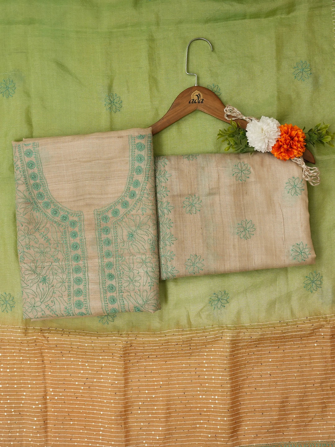 Ada Hand Embroidered Fawn Silk Lucknowi Chikankari Unstitched Suit Piece With Sequins Work 01A700345