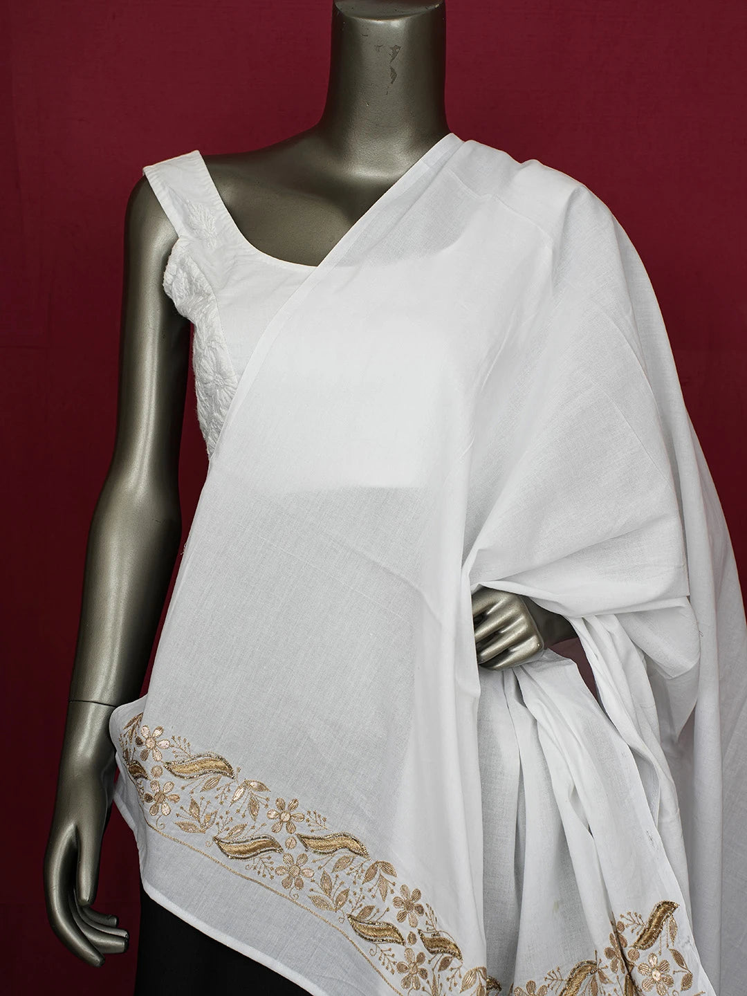 Ada Hand Embroidered White Cotton Lucknowi Chikankari Dupatta Gota Patti Work A624103