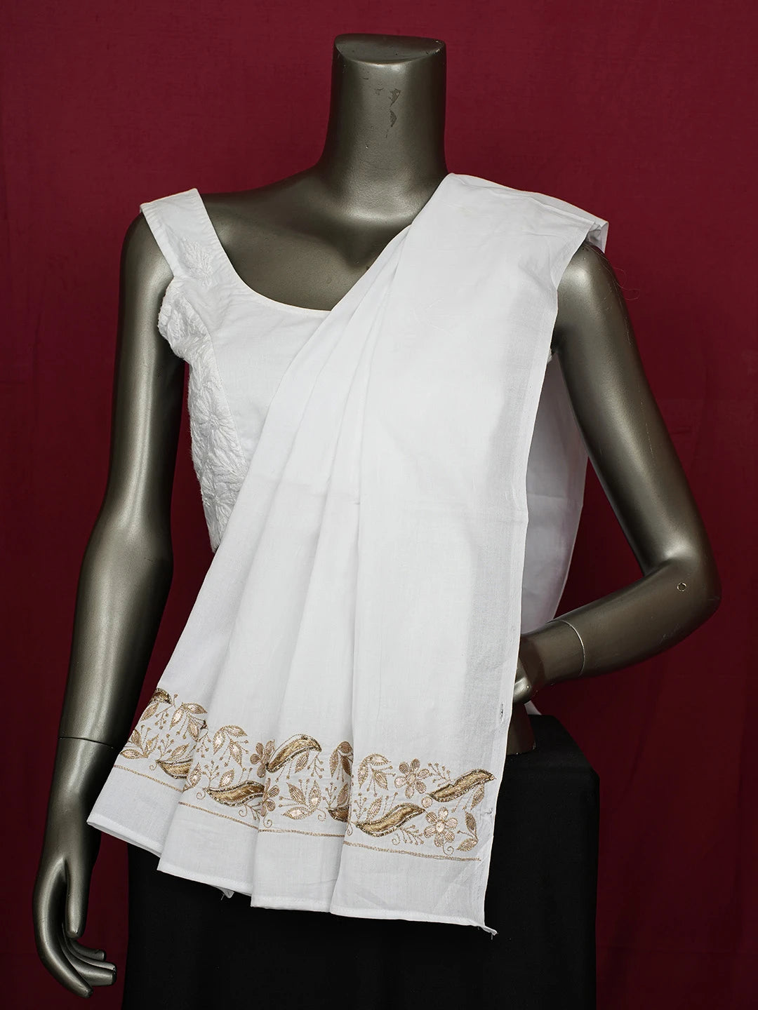 Ada Hand Embroidered White Cotton Lucknowi Chikankari Dupatta Gota Patti Work A624103