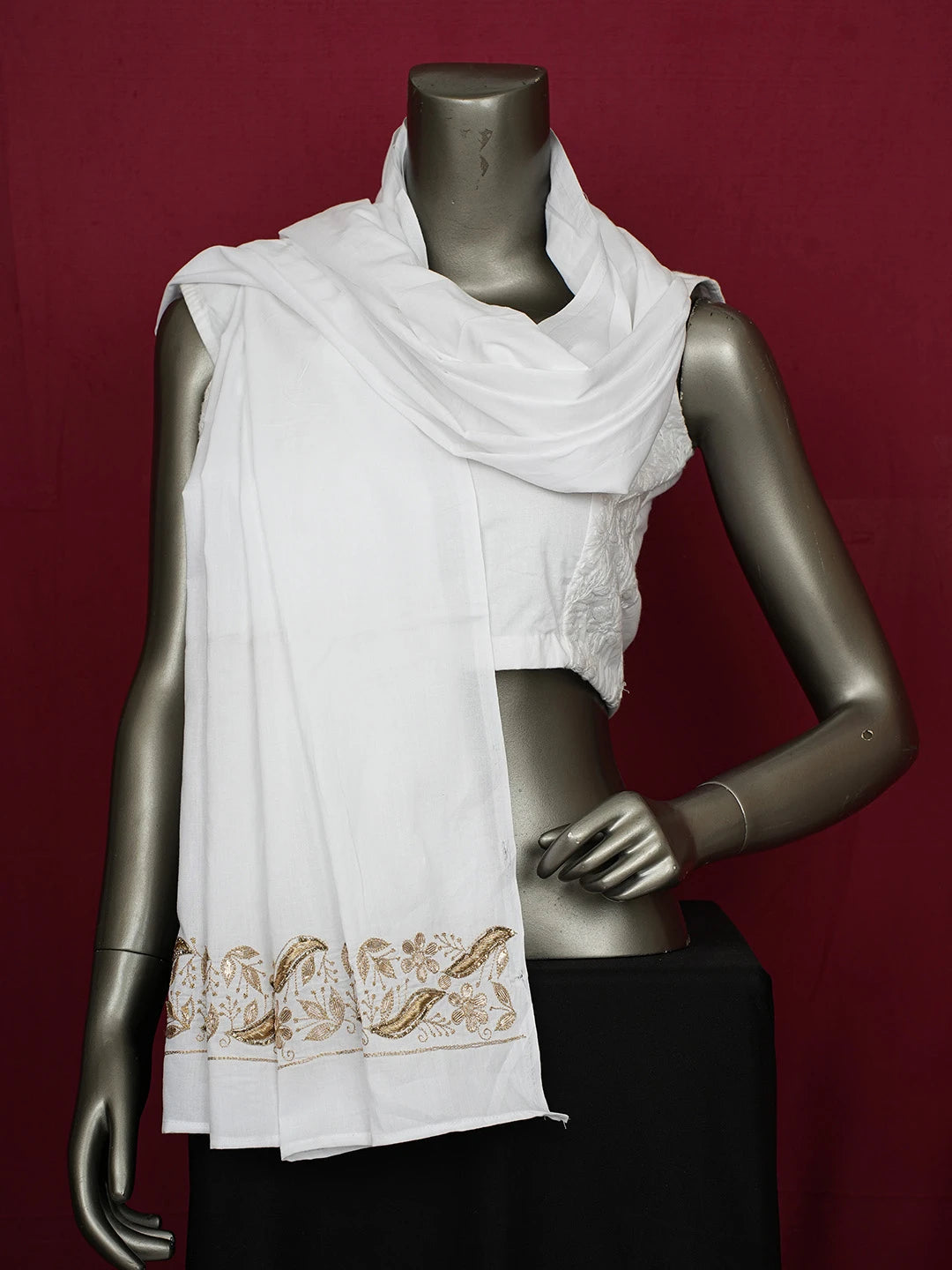 Ada Hand Embroidered White Cotton Lucknowi Chikankari Dupatta Gota Patti Work A624103