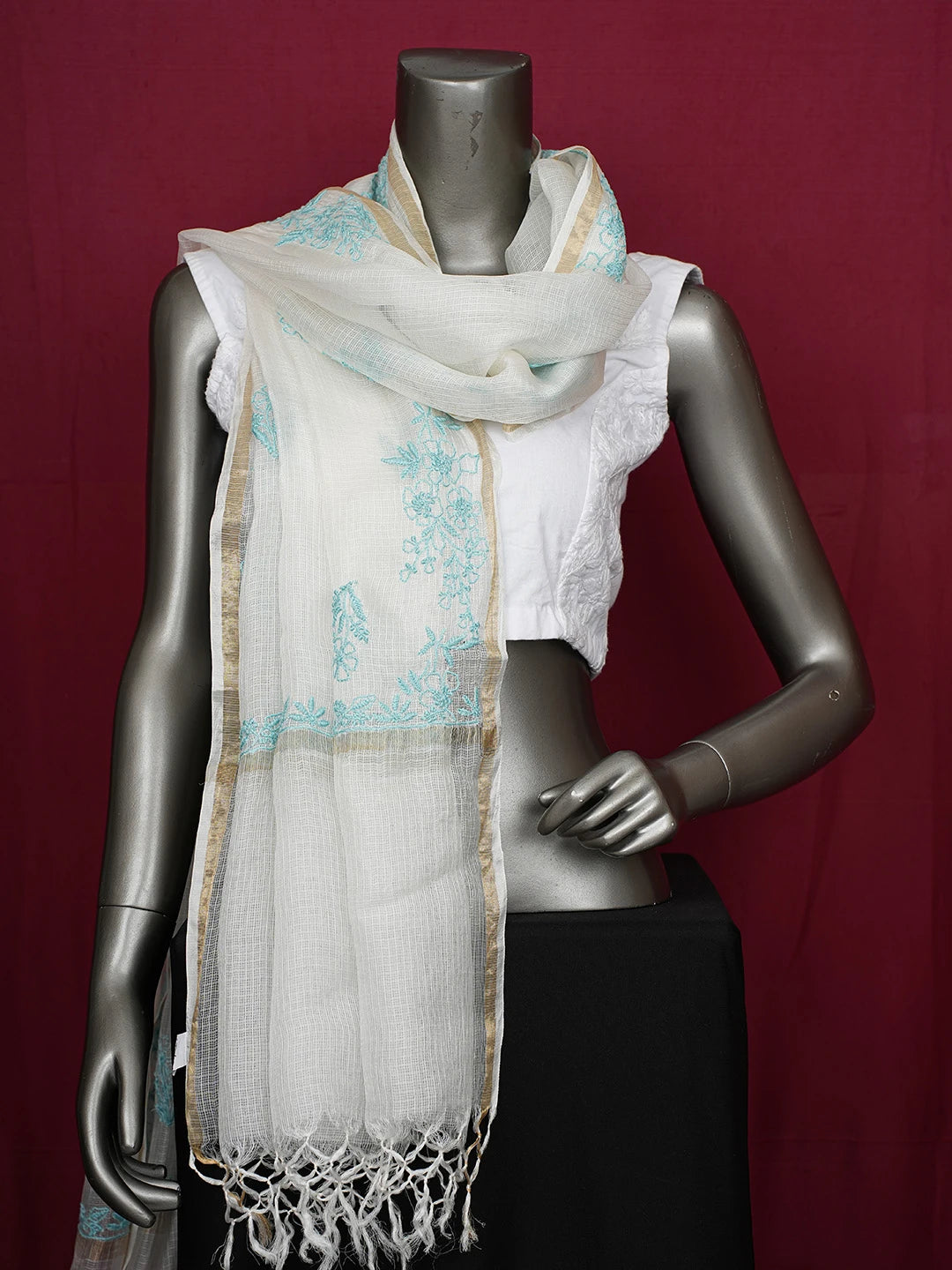 Ada Hand Embroidered Smoke White Kota Silk Lucknowi Chikankari Dupatta 01A680641