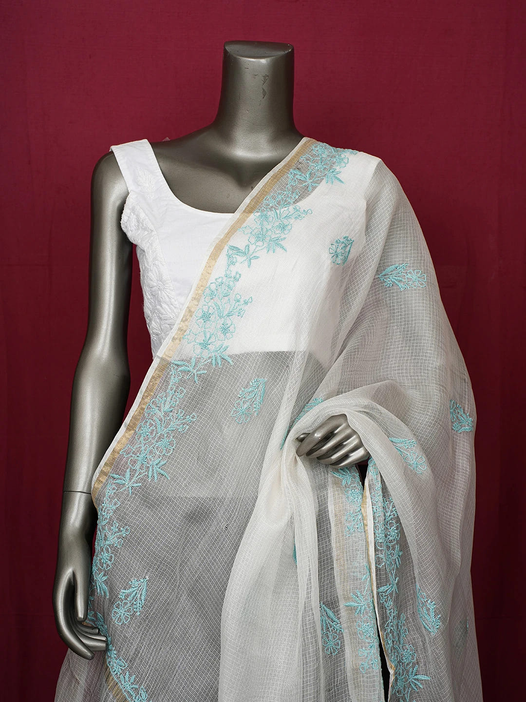 Ada Hand Embroidered Smoke White Kota Silk Lucknowi Chikankari Dupatta 01A680641