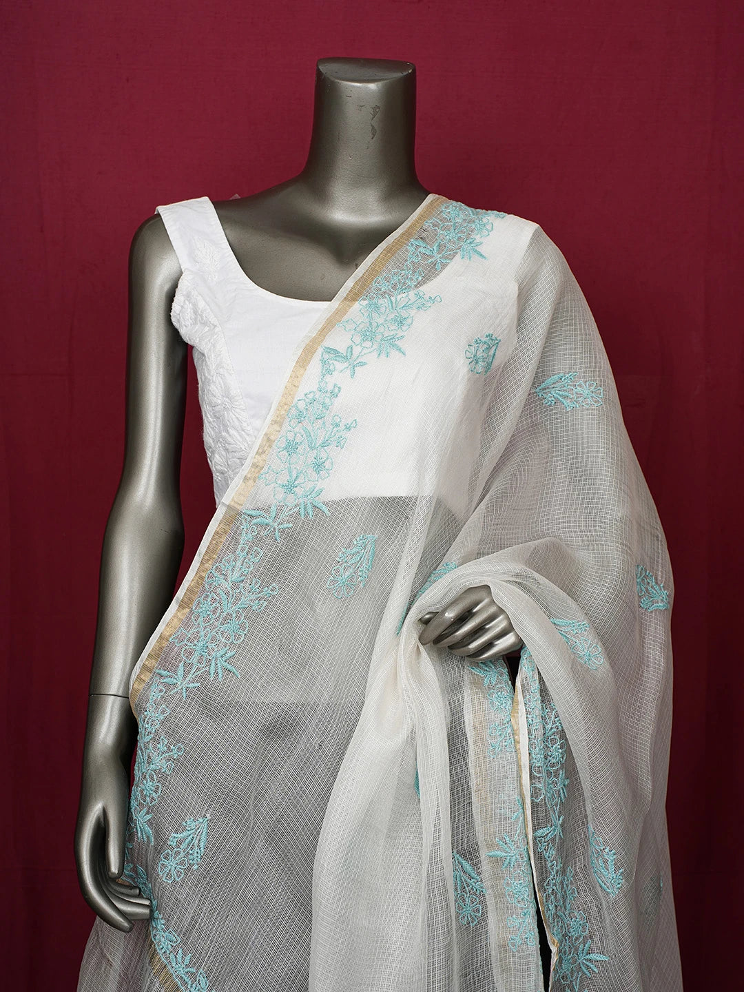 Ada Hand Embroidered Smoke White Kota Silk Lucknowi Chikankari Dupatta 01A680641