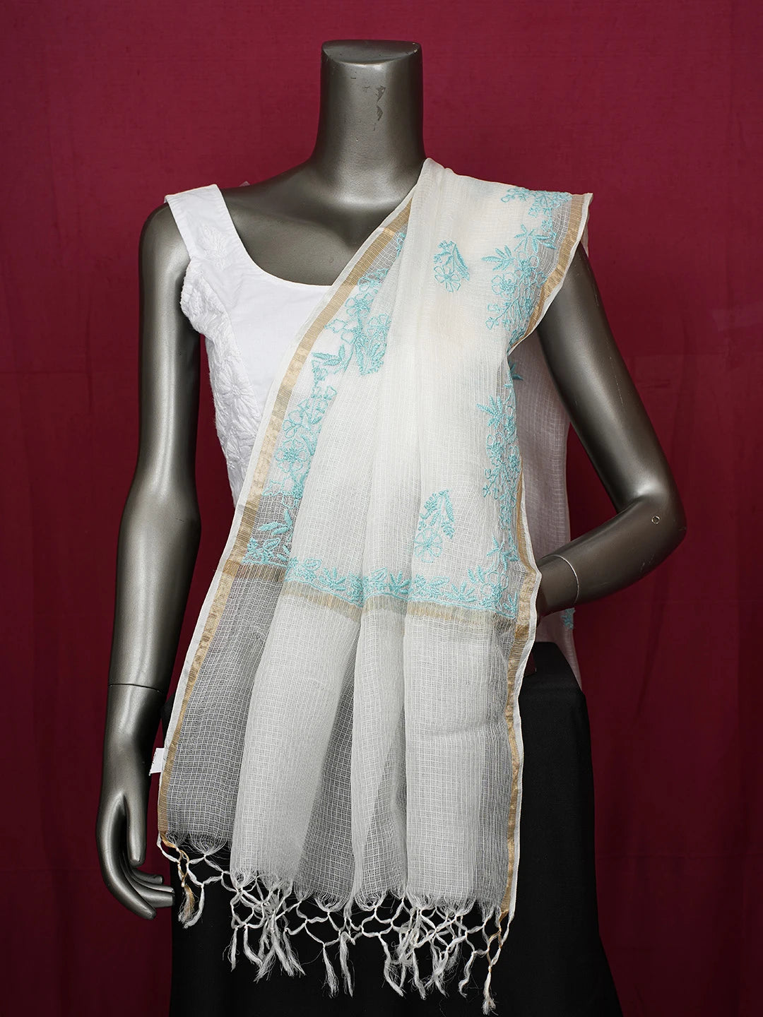Ada Hand Embroidered Smoke White Kota Silk Lucknowi Chikankari Dupatta 01A680641