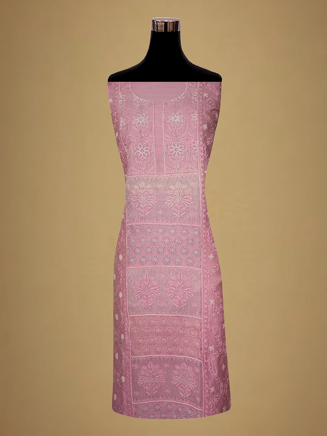 Ada Hand Embroidered Pink Chanderi Silk Lucknowi Chikankari Unstitched Kurta Dupatta Set With Cutdana Work 01A615718