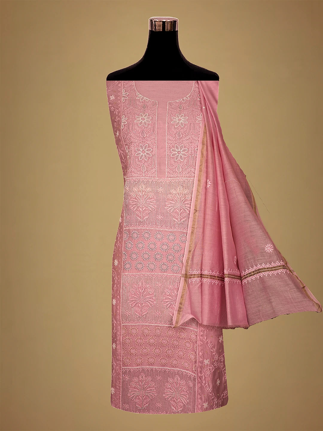 Ada Hand Embroidered Pink Chanderi Silk Lucknowi Chikankari Unstitched Kurta Dupatta Set With Cutdana Work 01A615718