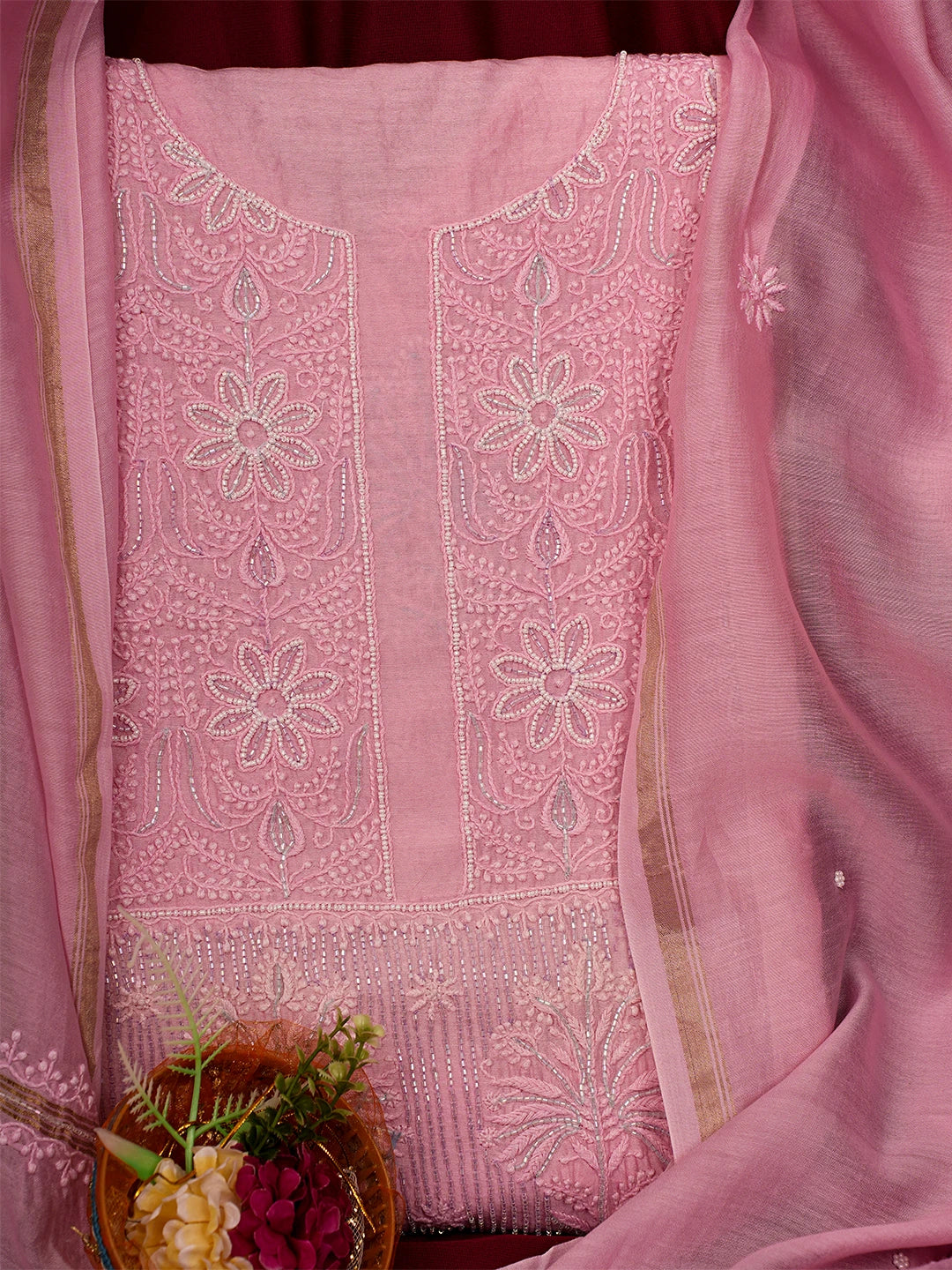 Ada Hand Embroidered Pink Chanderi Silk Lucknowi Chikankari Unstitched Kurta Dupatta Set With Cutdana Work 01A615718