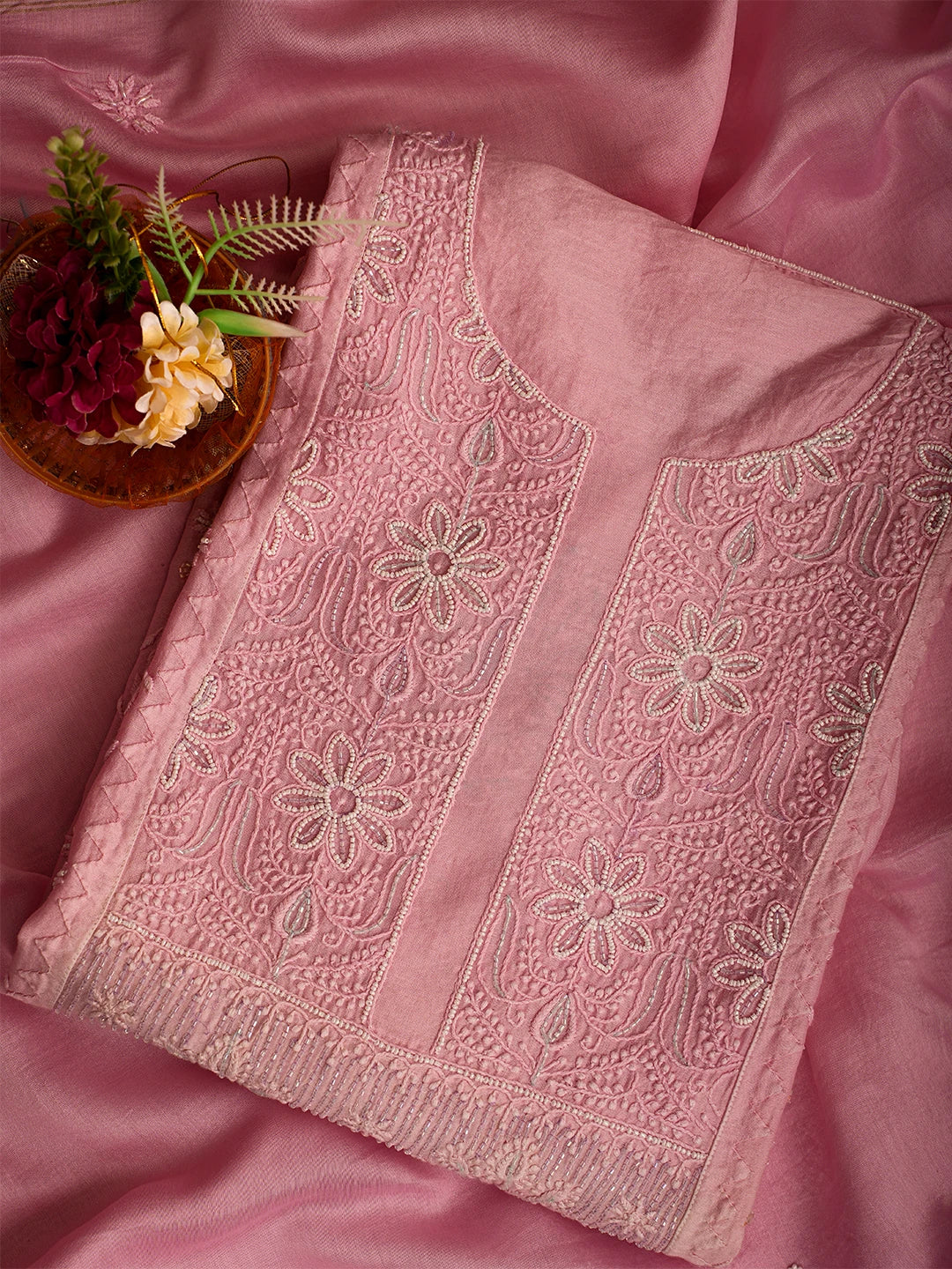 Ada Hand Embroidered Pink Chanderi Silk Lucknowi Chikankari Unstitched Kurta Dupatta Set With Cutdana Work 01A615718