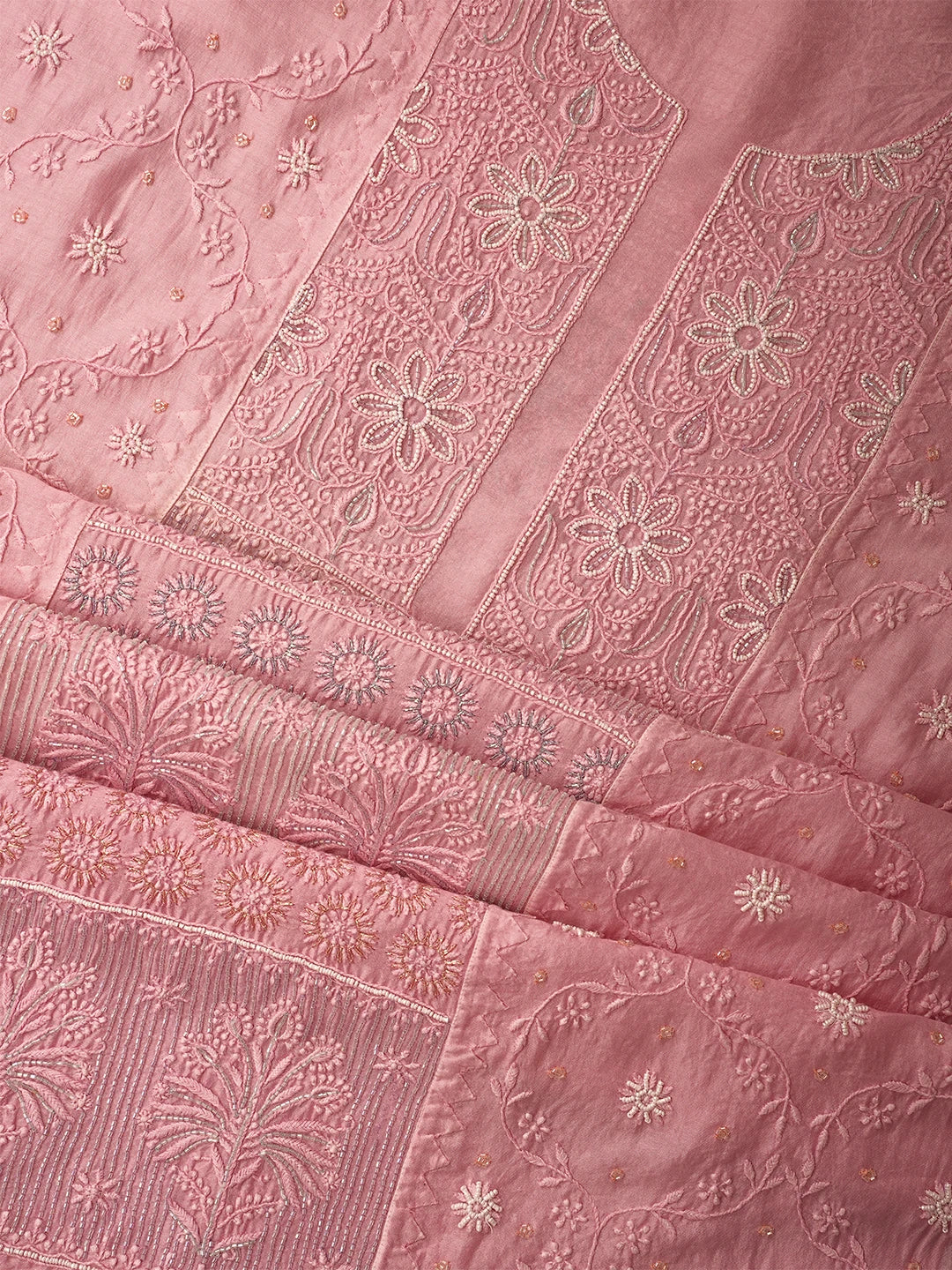 Ada Hand Embroidered Pink Chanderi Silk Lucknowi Chikankari Unstitched Kurta Dupatta Set With Cutdana Work 01A615718