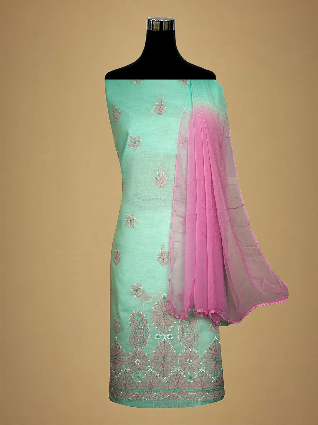 Ada Hand Embroidered Sea Green Cotton Lucknowi Chikankari Unstitched Suit Piece 01A700531