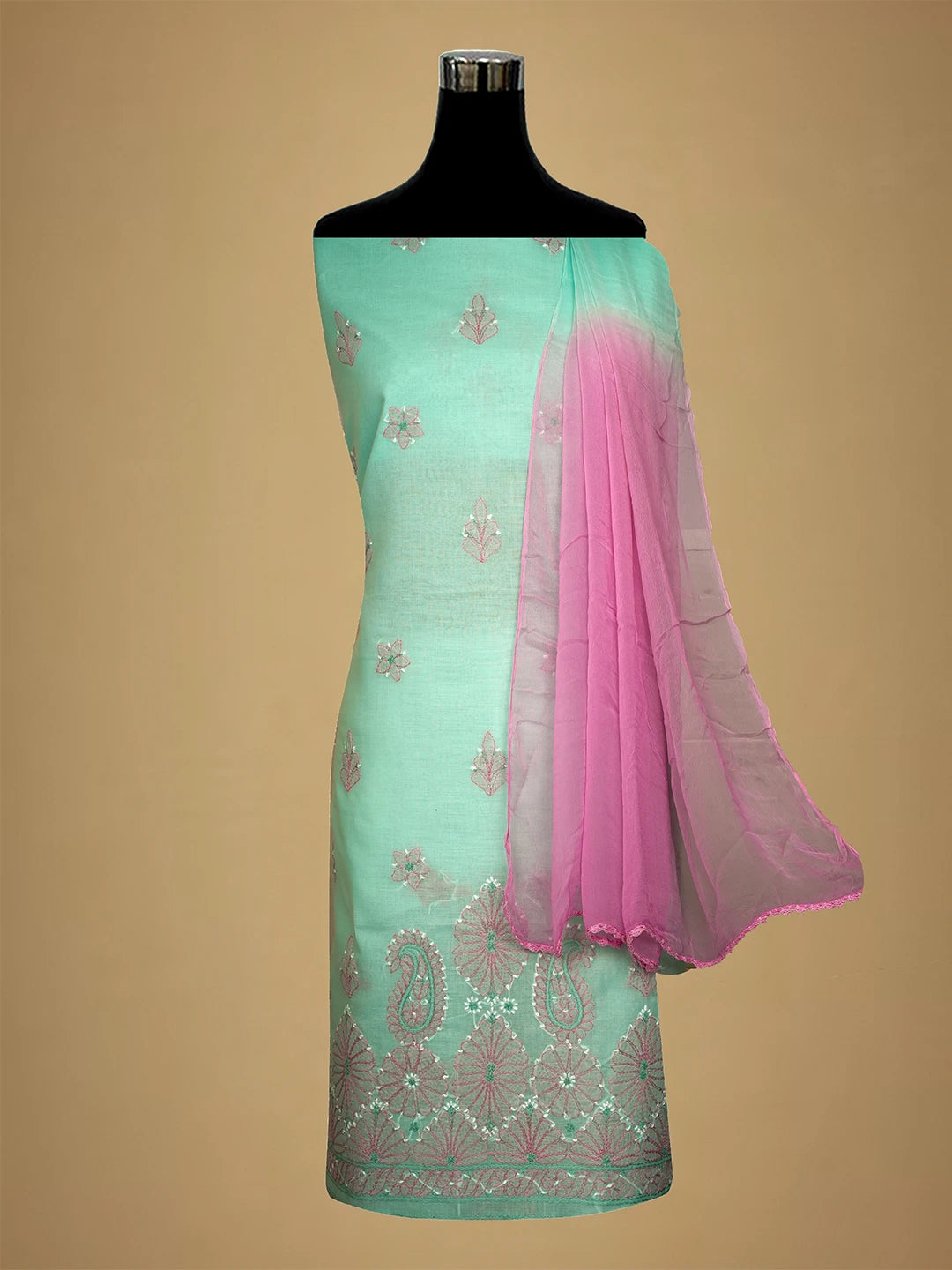 Ada Hand Embroidered Sea Green Cotton Lucknowi Chikankari Unstitched Suit Piece 01A700531