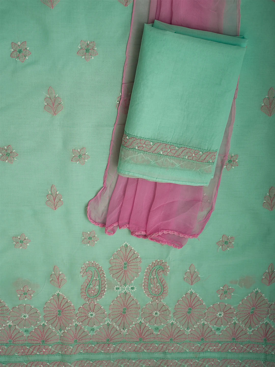 Ada Hand Embroidered Sea Green Cotton Lucknowi Chikankari Unstitched Suit Piece 01A700531