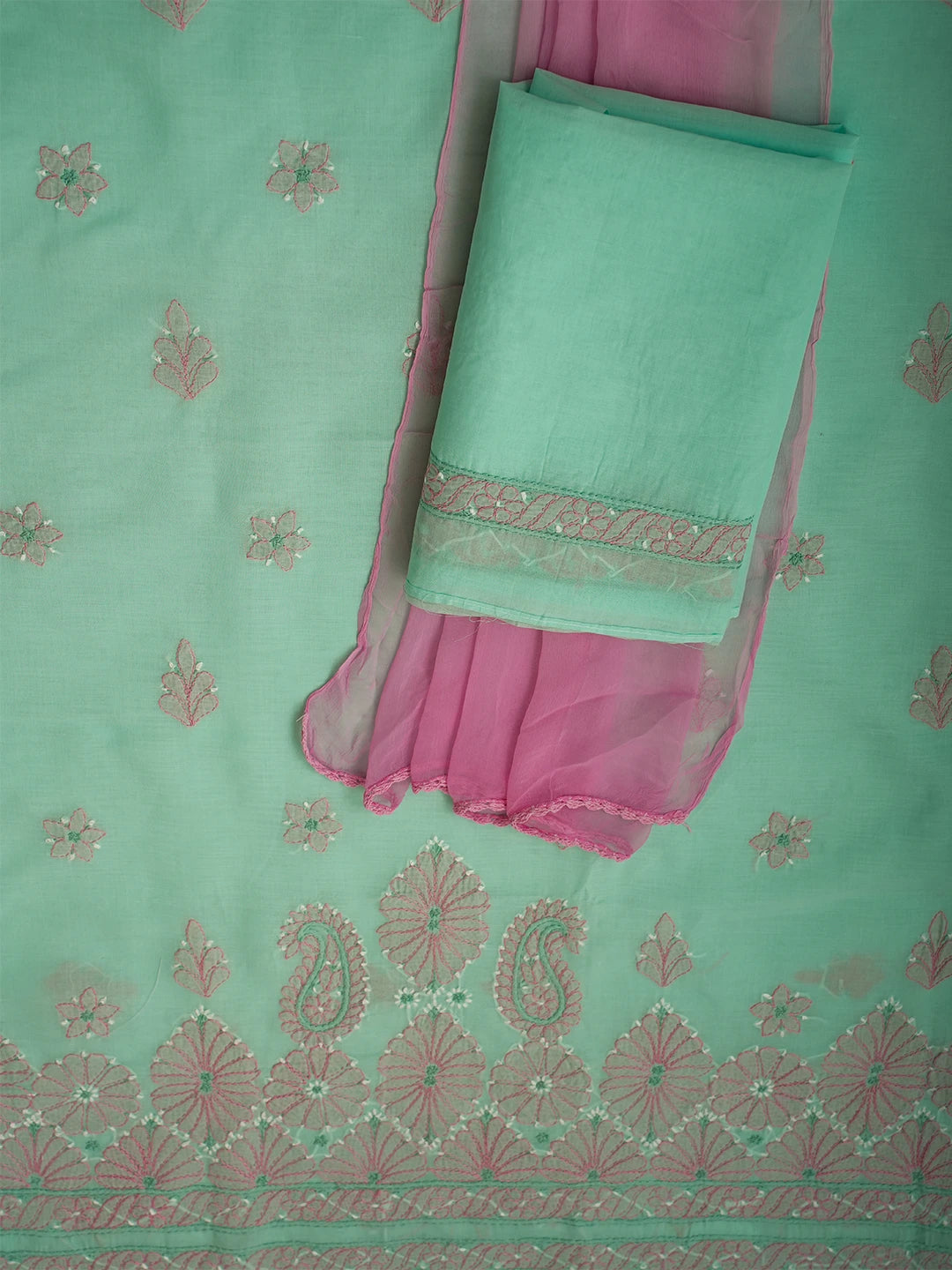Ada Hand Embroidered Sea Green Cotton Lucknowi Chikankari Unstitched Suit Piece 01A700531