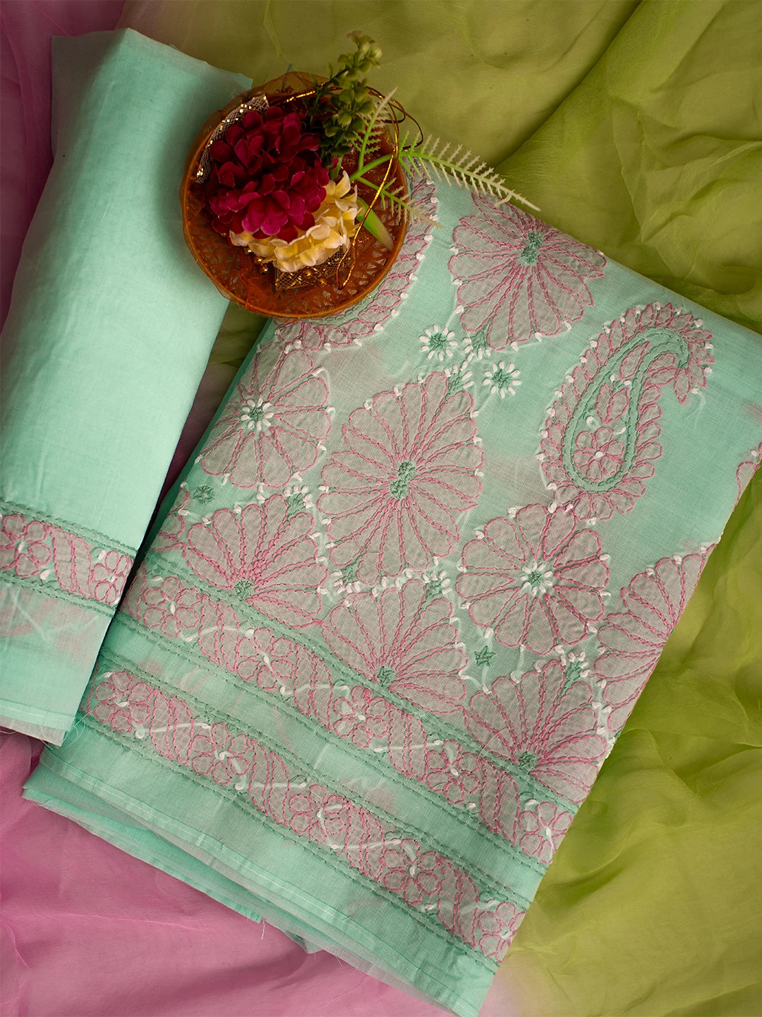 Ada Hand Embroidered Sea Green Cotton Lucknowi Chikankari Unstitched Suit Piece 01A700531