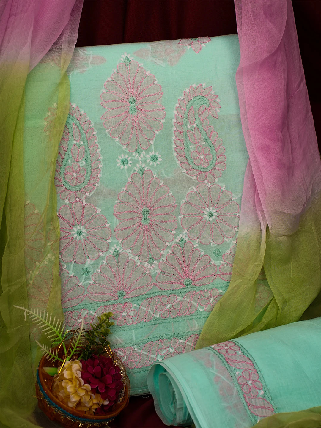 Ada Hand Embroidered Sea Green Cotton Lucknowi Chikankari Unstitched Suit Piece 01A700531