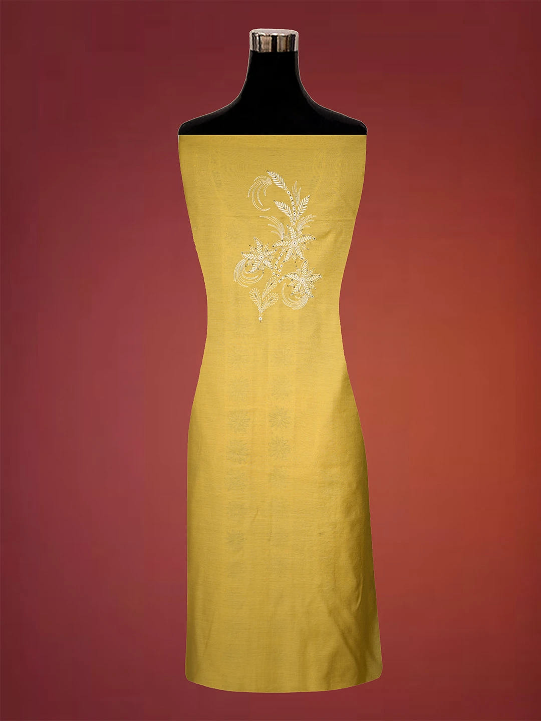 Ada Hand Embroidered Yellow Chanderi Lucknowi Chikankari Unstitched Suit Piece With Muqaish Work A553437
