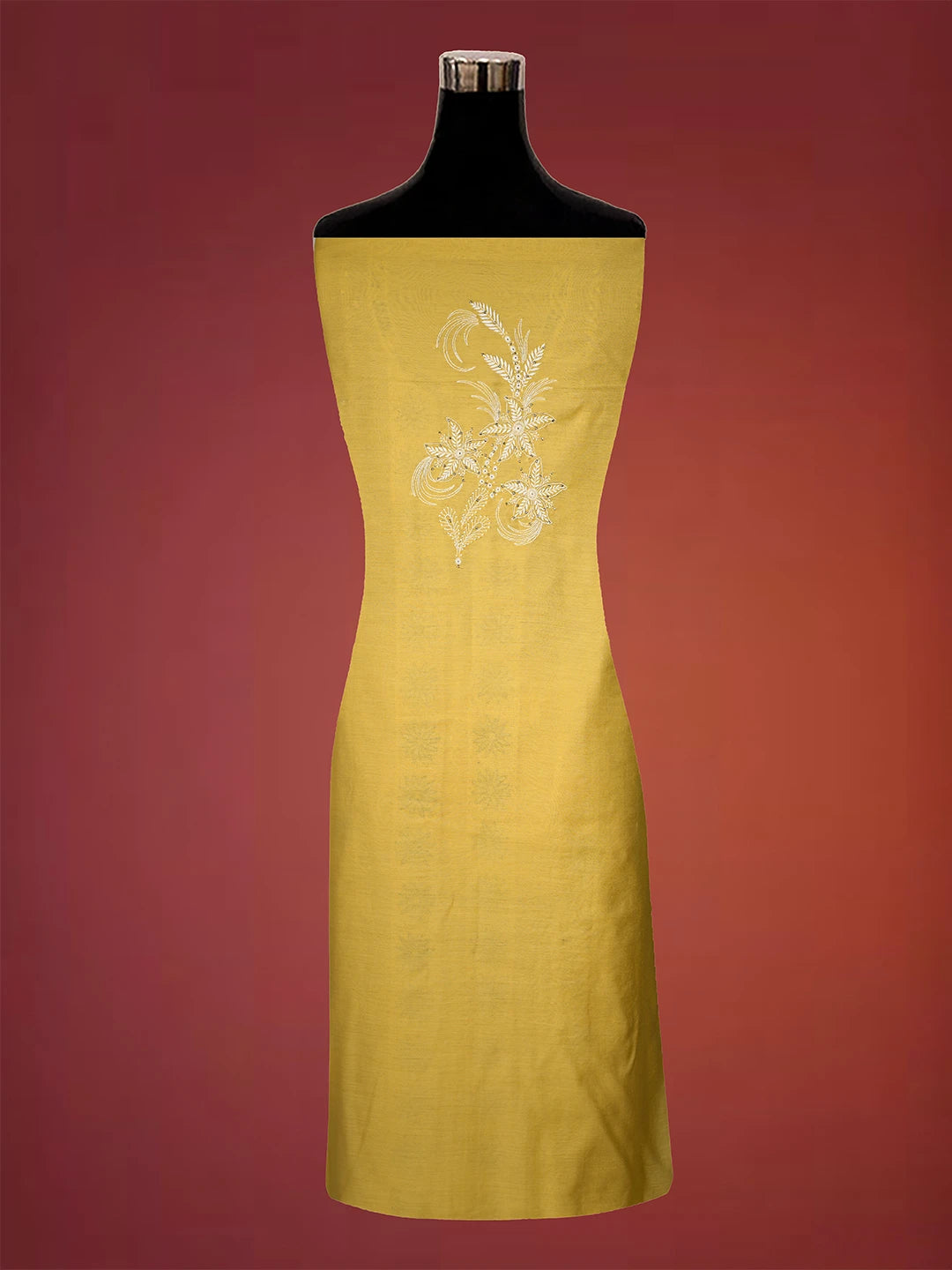 Ada Hand Embroidered Yellow Chanderi Lucknowi Chikankari Unstitched Suit Piece With Muqaish Work A553437