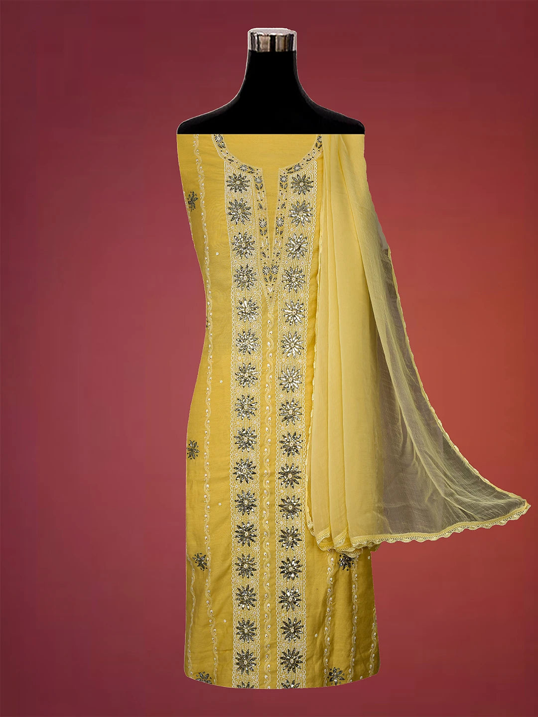 Ada Hand Embroidered Yellow Chanderi Lucknowi Chikankari Unstitched Suit Piece With Muqaish Work A553437