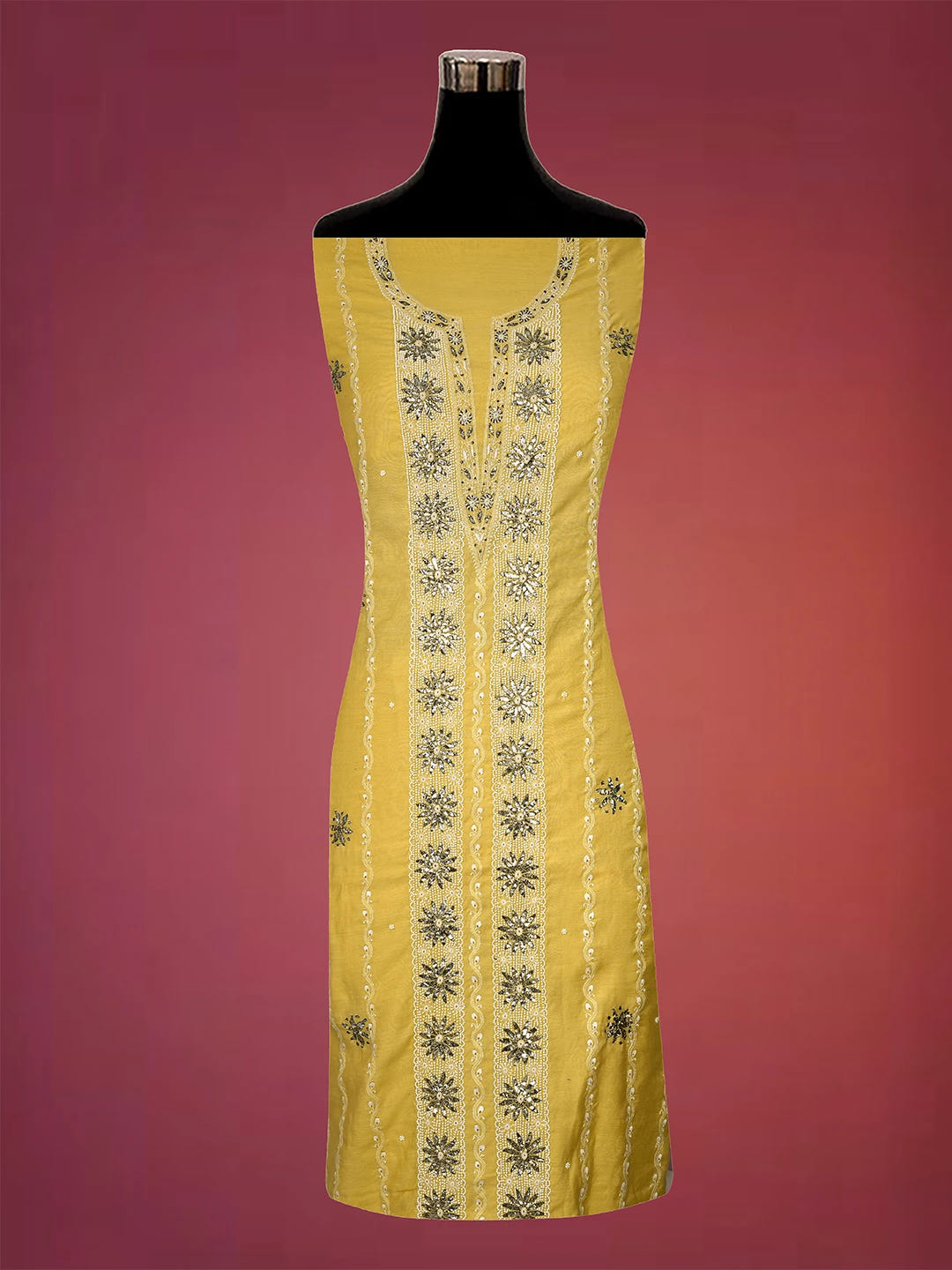 Ada Hand Embroidered Yellow Chanderi Lucknowi Chikankari Unstitched Suit Piece With Muqaish Work A553437