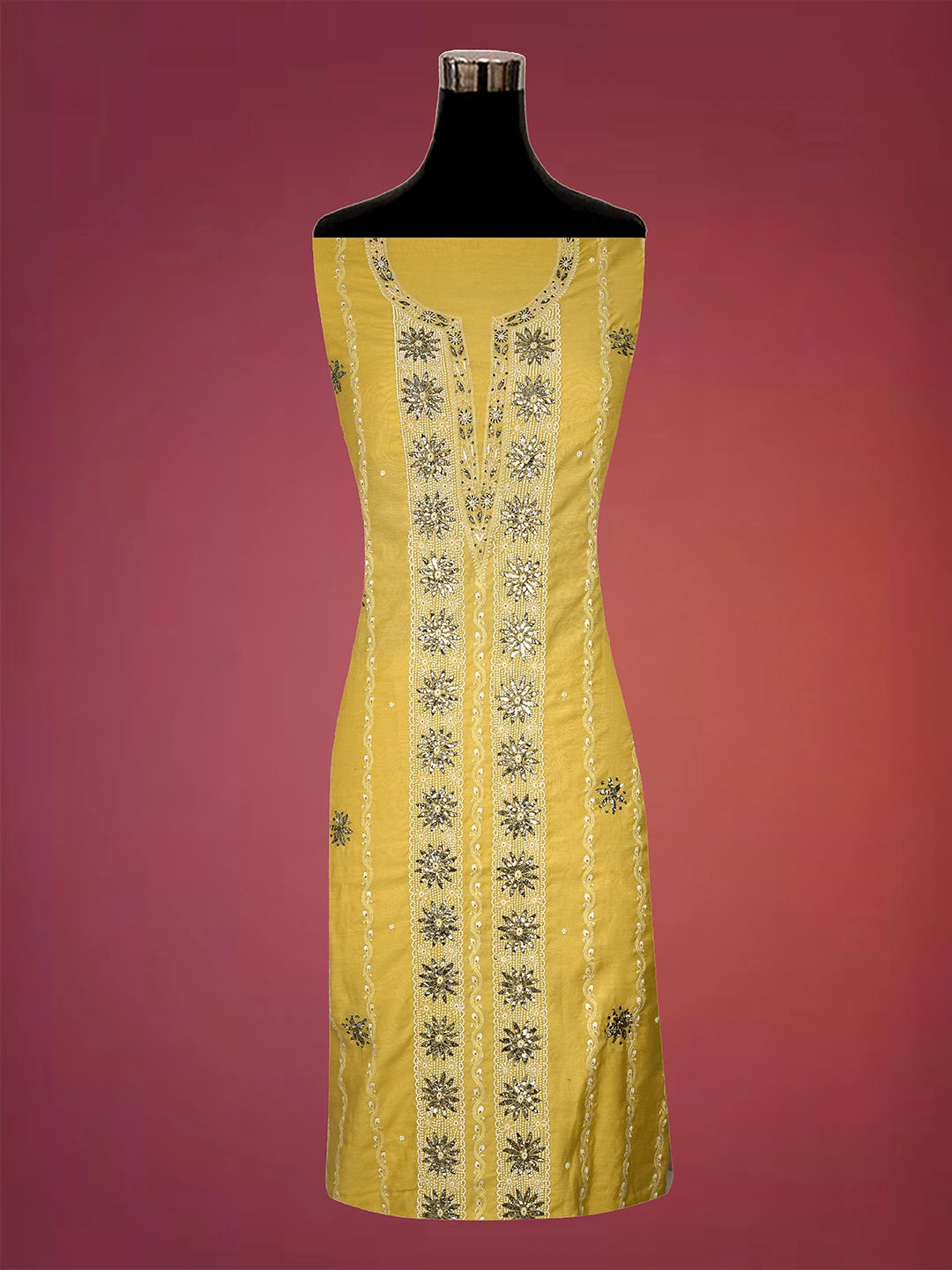 Ada Hand Embroidered Yellow Chanderi Lucknowi Chikankari Unstitched Suit Piece With Muqaish Work A553437