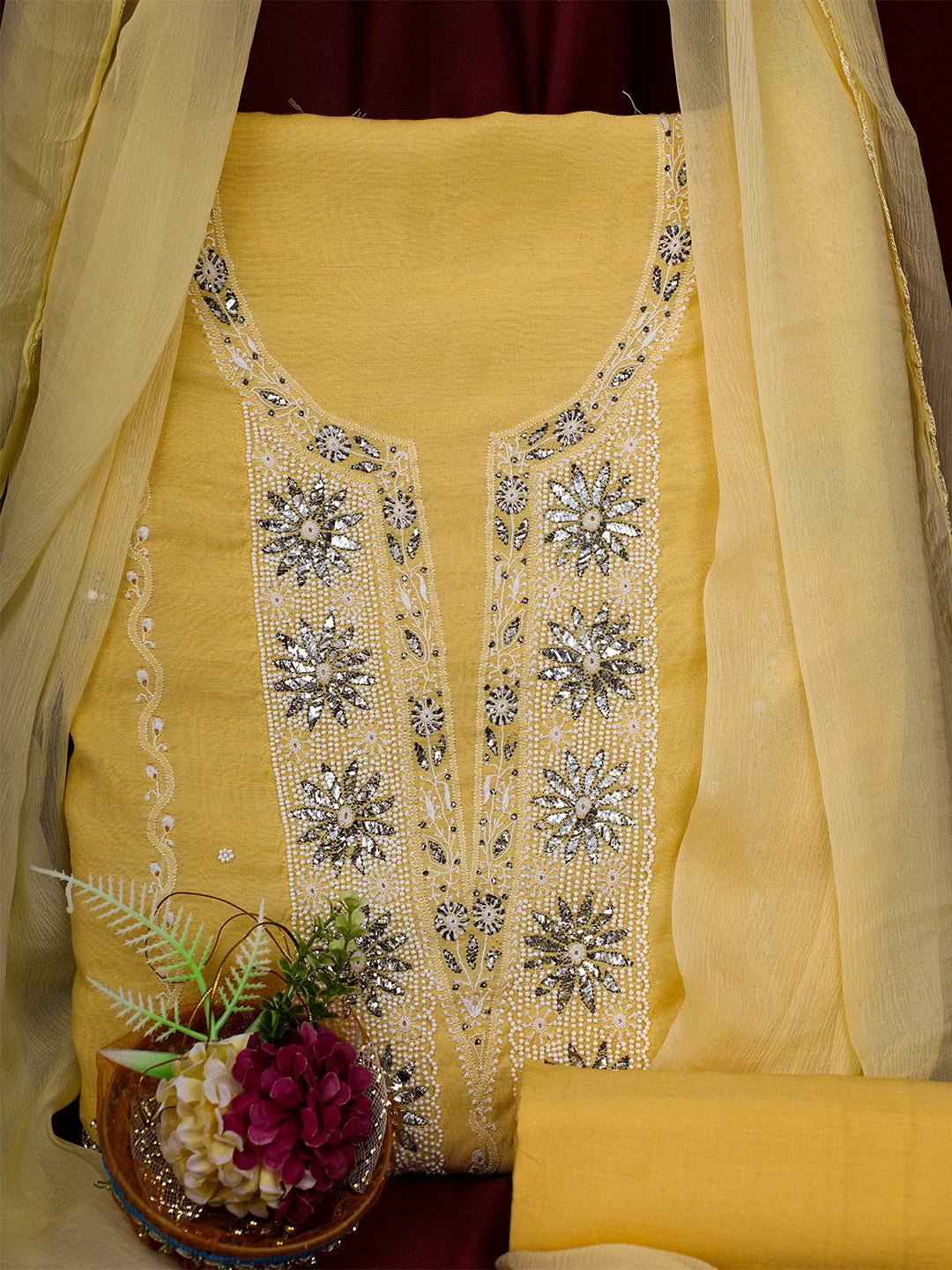 Ada Hand Embroidered Yellow Chanderi Lucknowi Chikankari Unstitched Suit Piece With Muqaish Work A553437