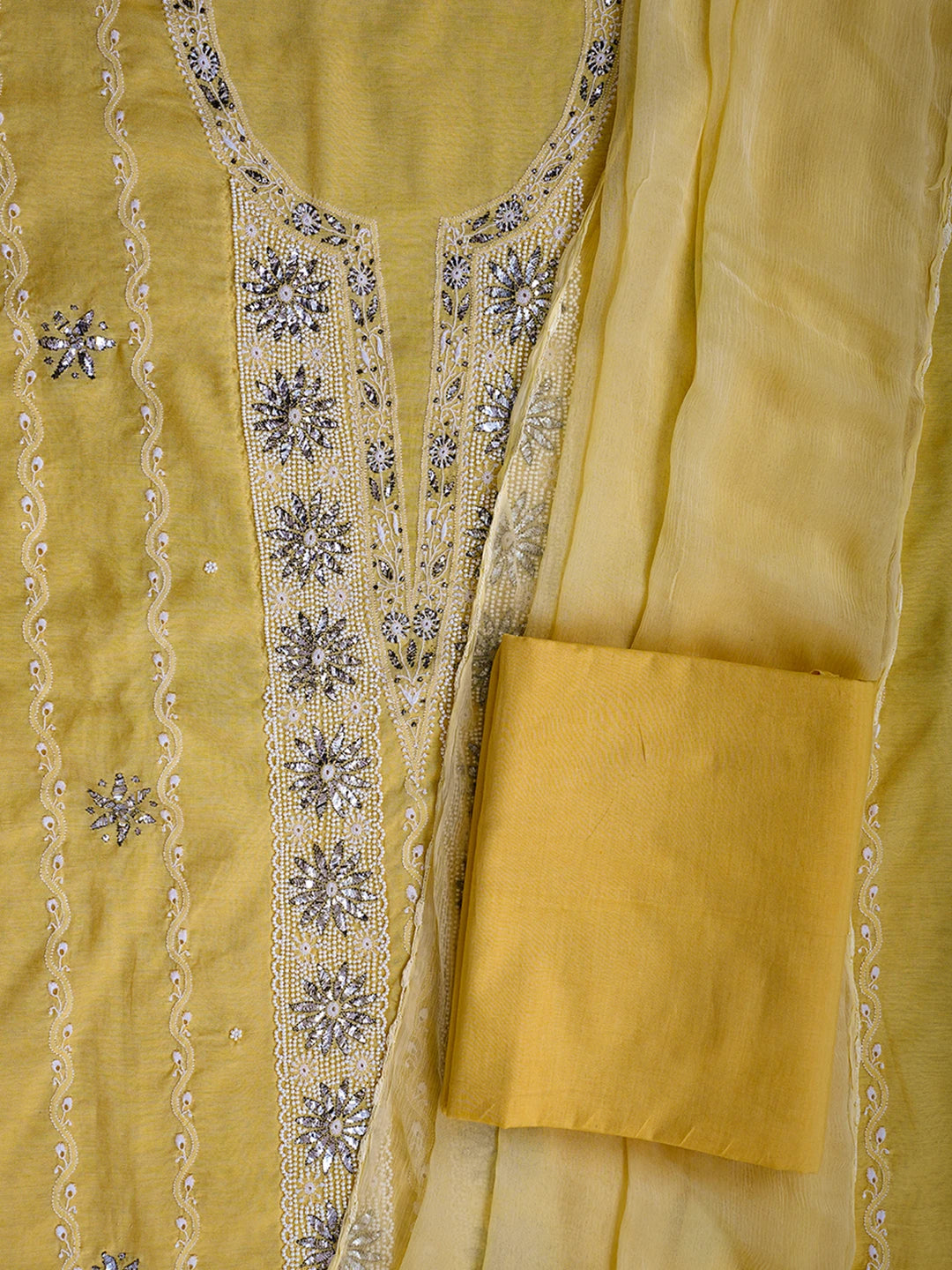Ada Hand Embroidered Yellow Chanderi Lucknowi Chikankari Unstitched Suit Piece With Muqaish Work A553437